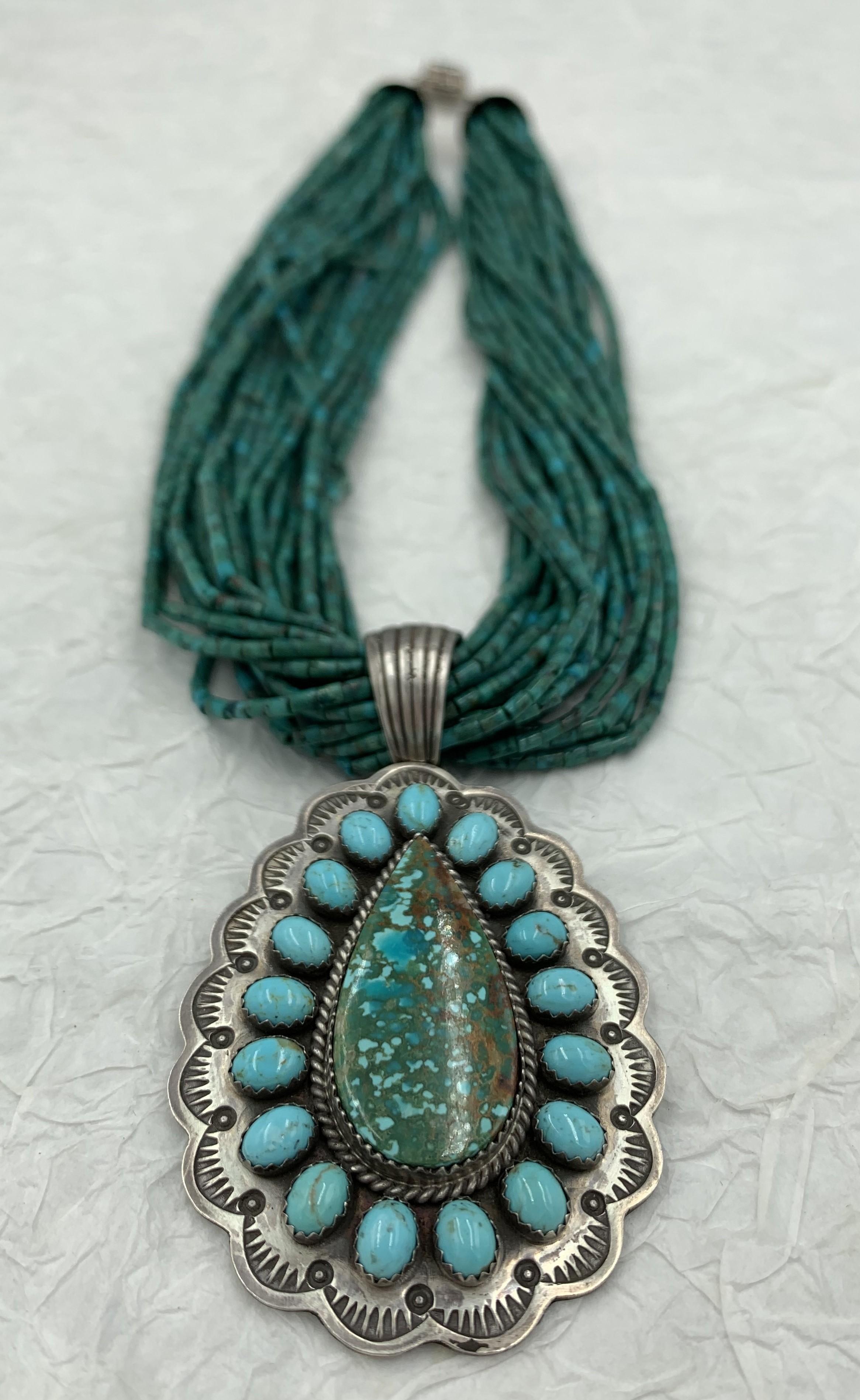 Native American Turquoise Beaded Necklace with Turquoise Pendant For Sale