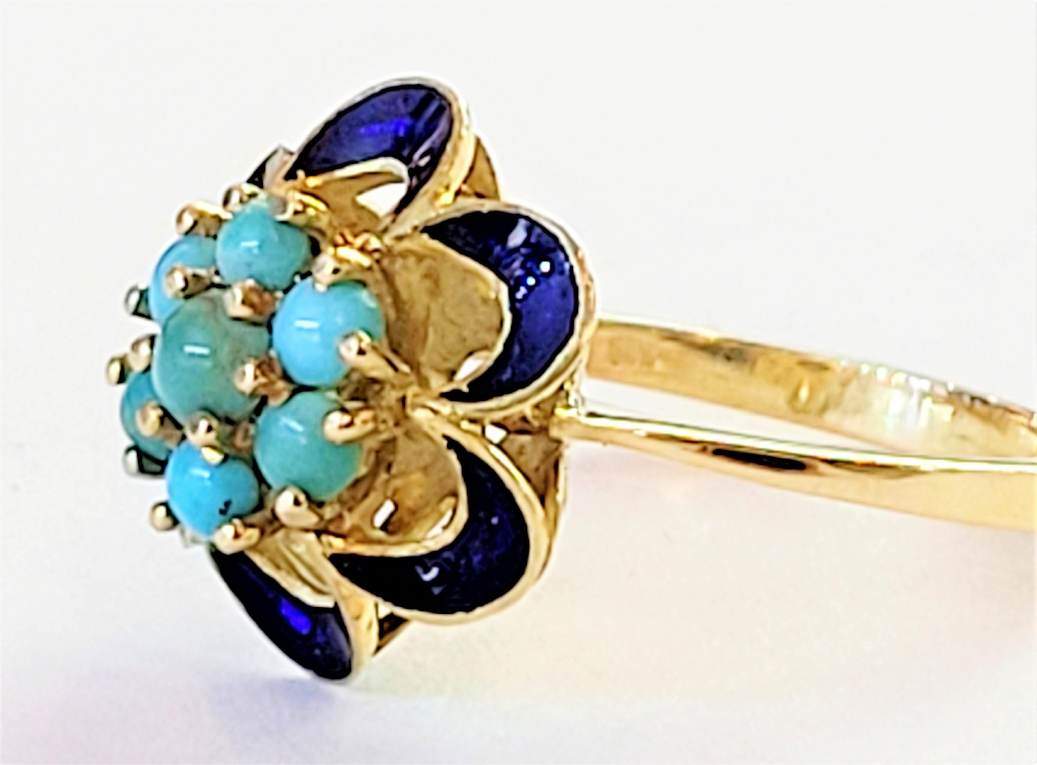 A Turquoise and enamel beauty.
A perfect ring for a perfect someone.

Weight: 4.5
Size: 6
Materials: 14k yellow gold