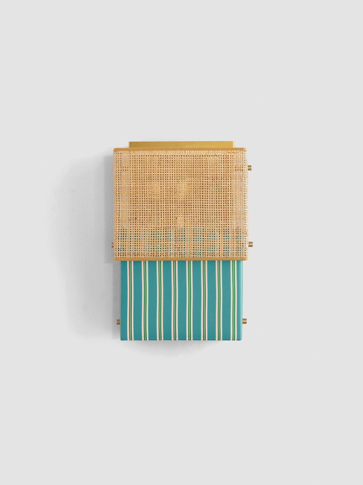 Turquoise Bikini Wall Lamp by Servomuto
Dimensions: W 26 x D 13 x H 37 cm
Materials: Upper Lampshade: Rattan. Lower Lampshade: Trevira DEDAR Fabric or white linen. Structure: Golden Stainless Steel. 
Weight: 0,9 Kg. 

Bikini lamp combines rattan