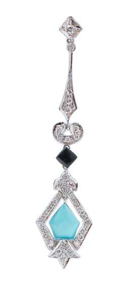 Turquoise, Black Agate, Diamonds, Platinum Earrings.