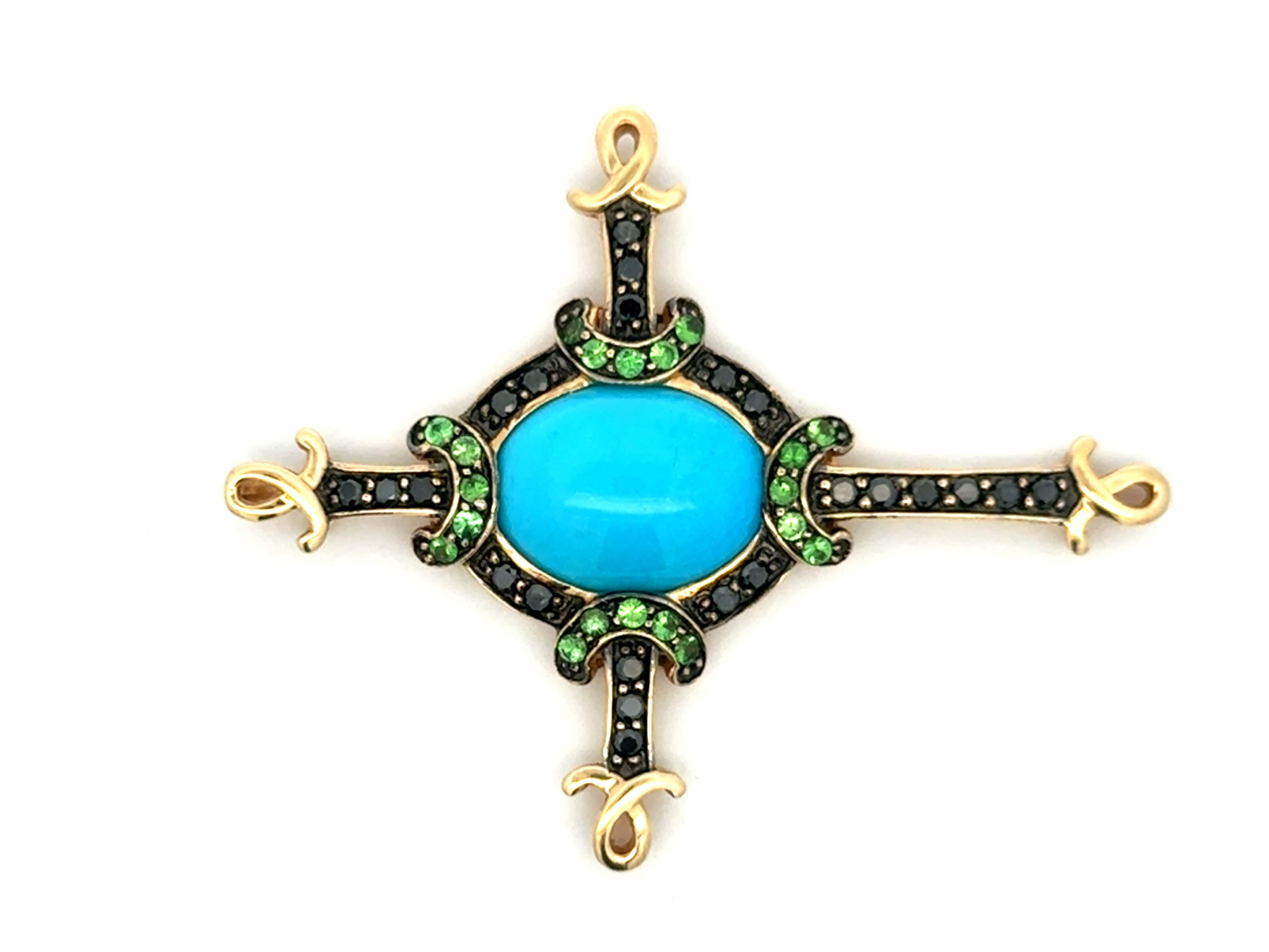 Moderne Turquoise Diamant noir Tsavorite Grenat vert Pendentif croix or jaune 14k en vente