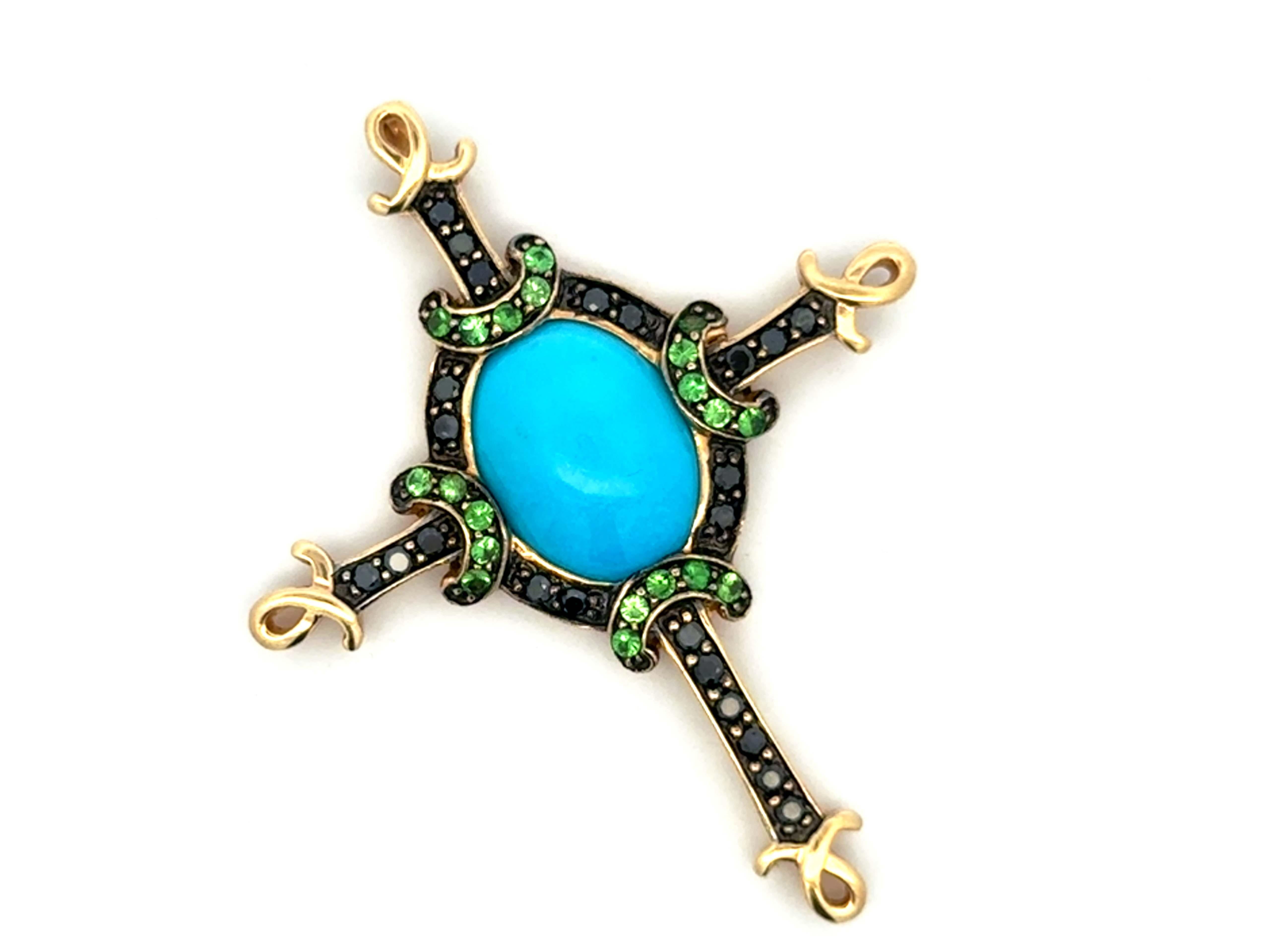 Taille cabochon Turquoise Diamant noir Tsavorite Grenat vert Pendentif croix or jaune 14k en vente