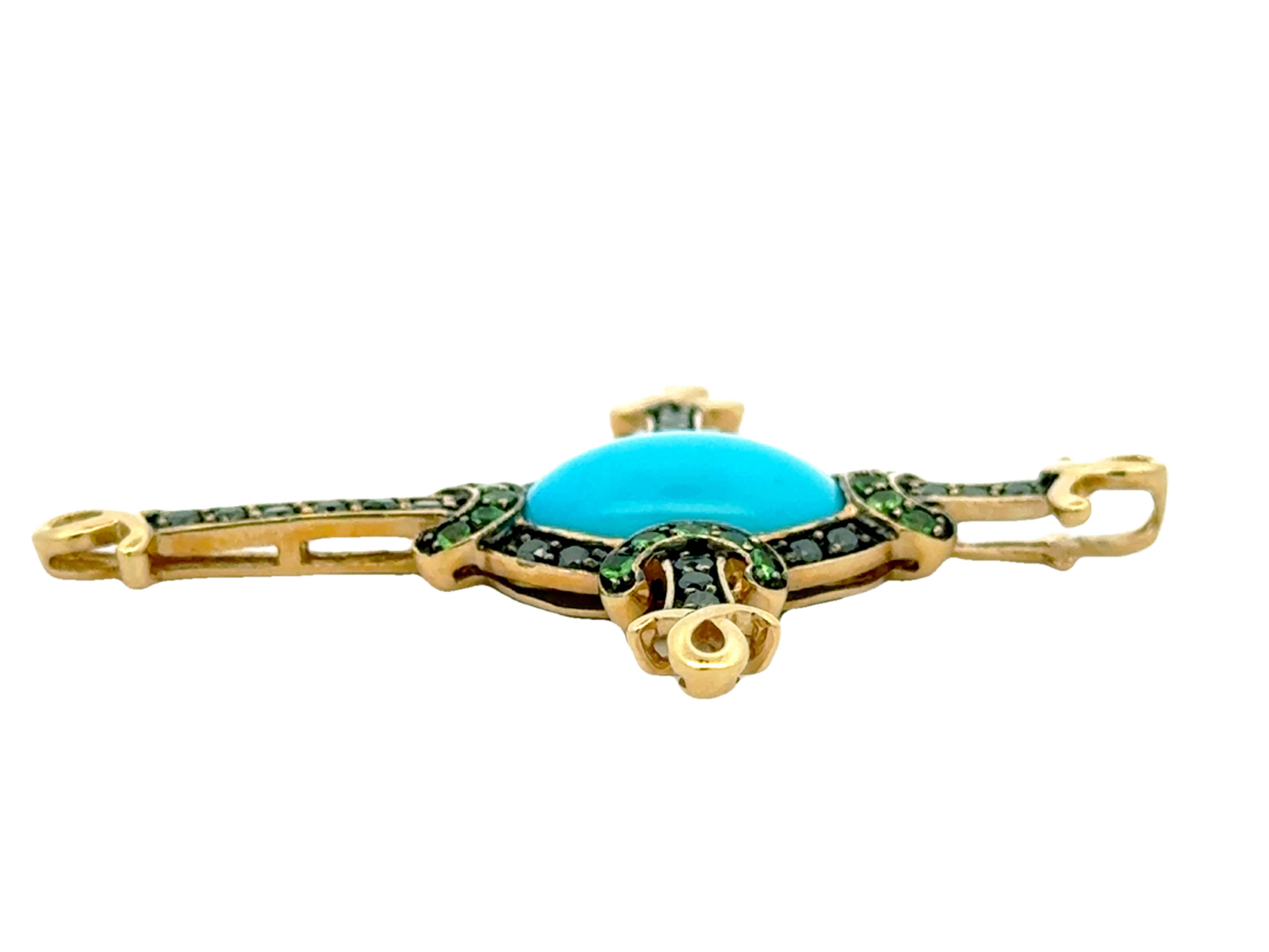 Turquoise Diamant noir Tsavorite Grenat vert Pendentif croix or jaune 14k Excellent état - En vente à Honolulu, HI
