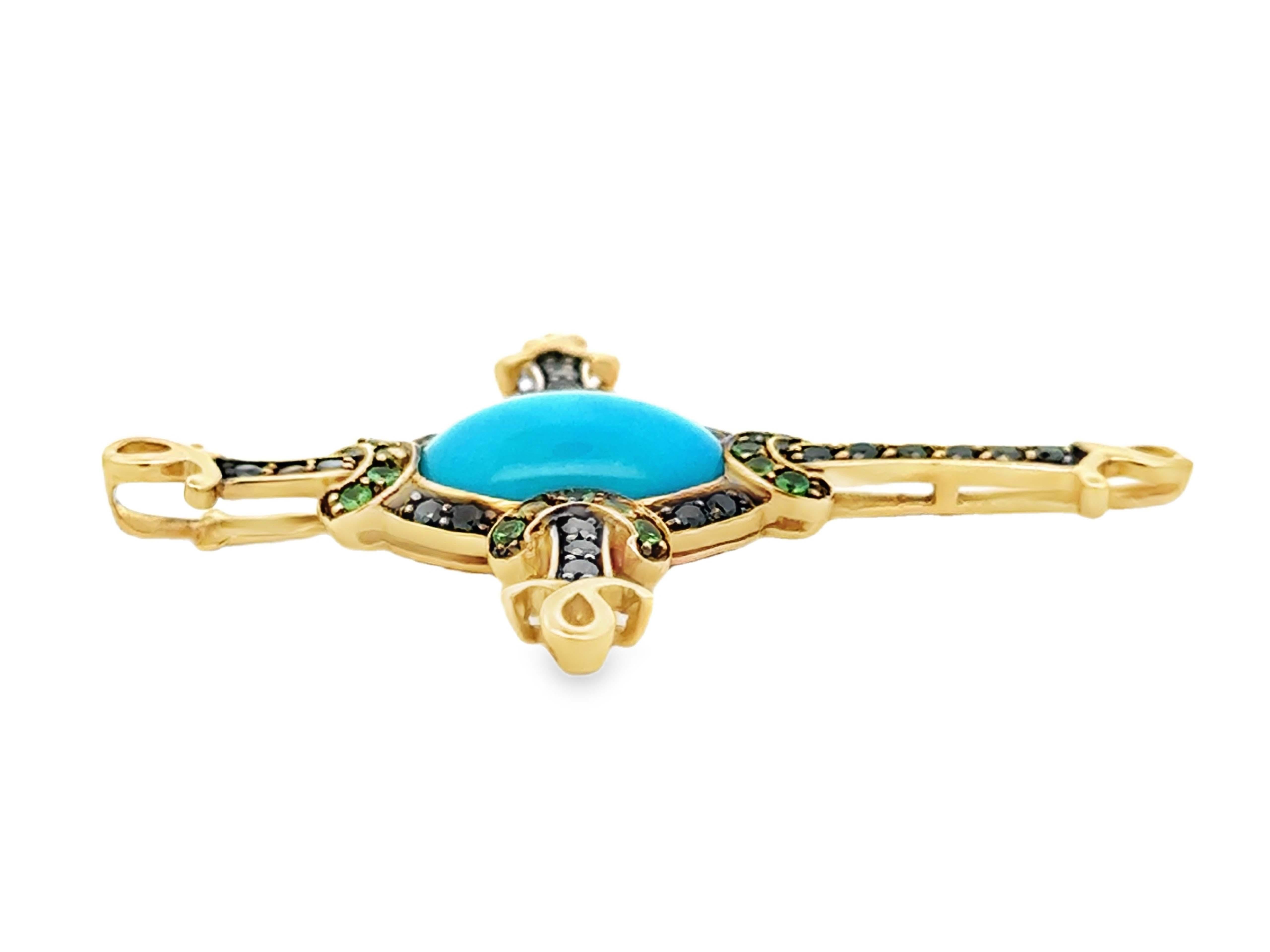Turquoise Diamant noir Tsavorite Grenat vert Pendentif croix or jaune 14k Pour femmes en vente