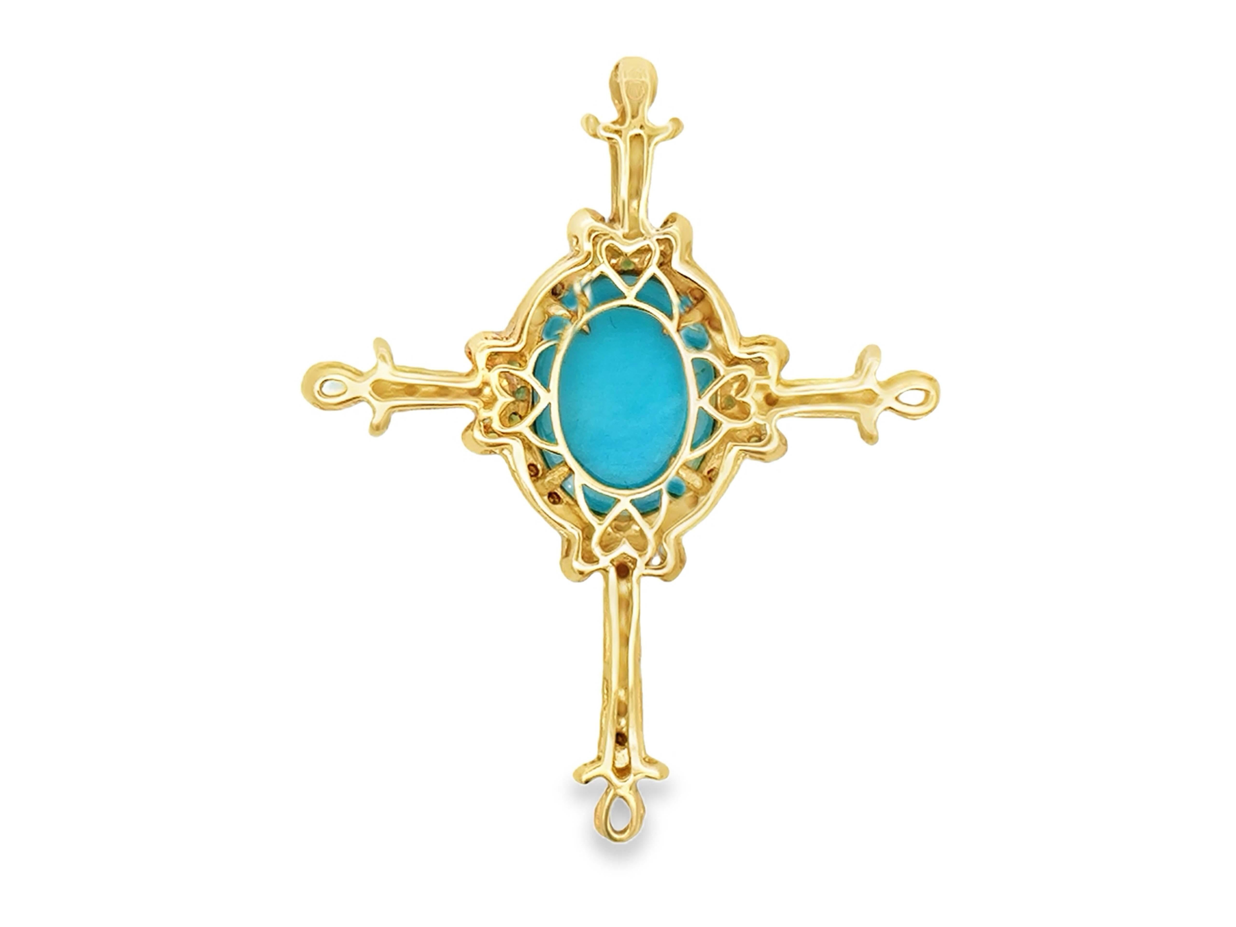 Turquoise Diamant noir Tsavorite Grenat vert Pendentif croix or jaune 14k en vente 1