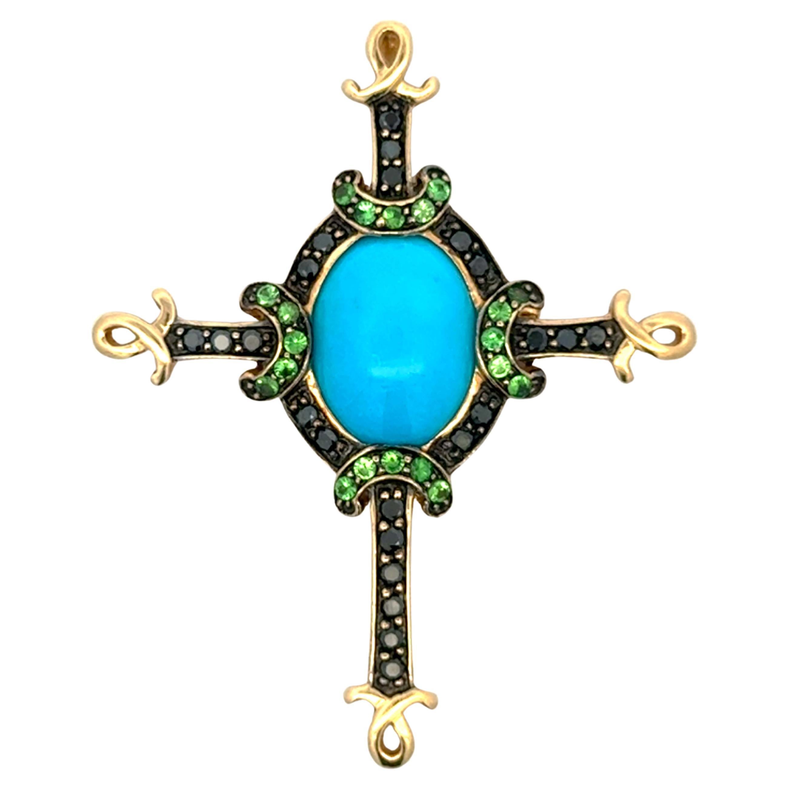 Colgante Cruz Turquesa Diamante Negro Tsavorita Granate Verde Oro Amarillo 14k