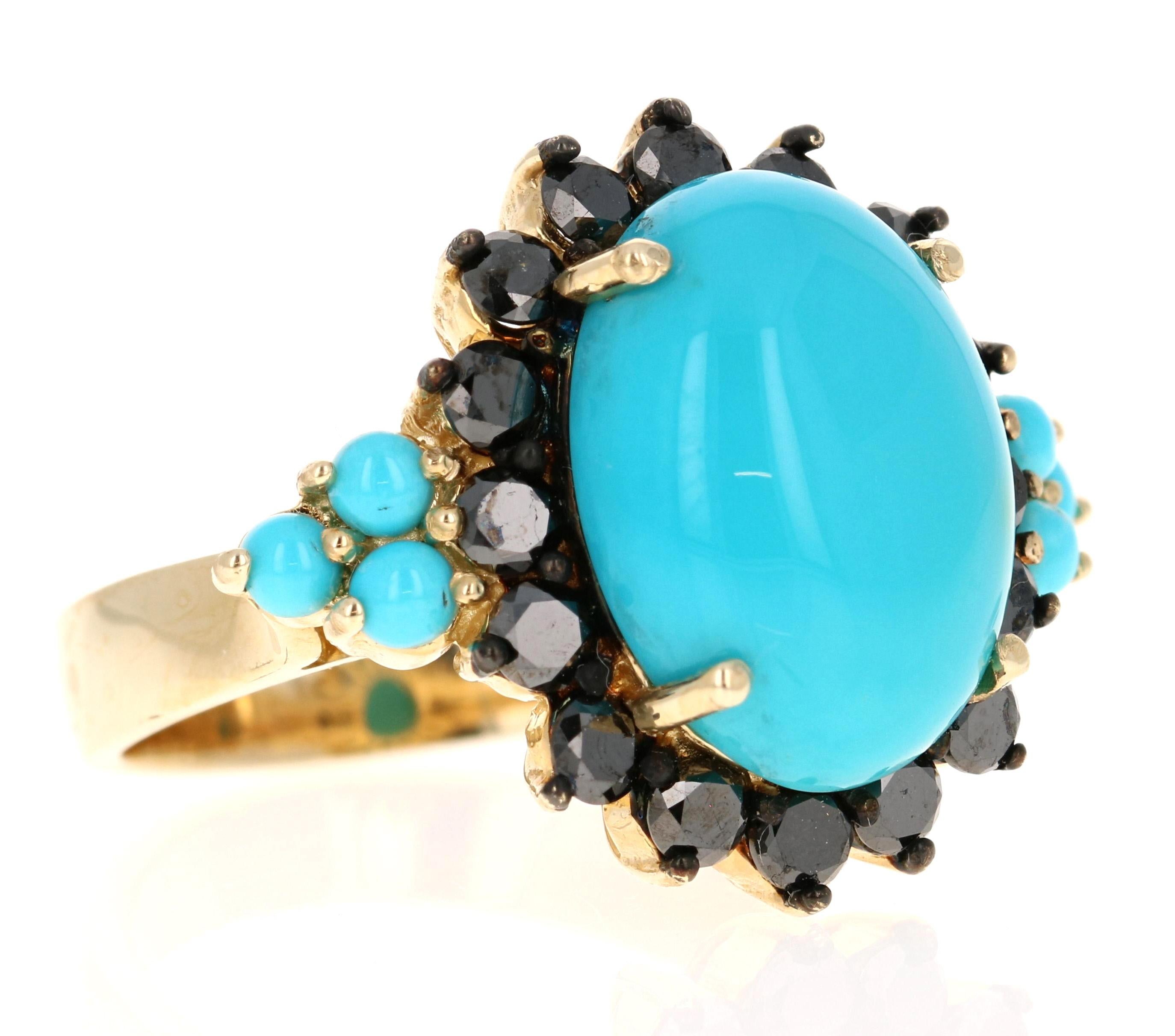 
9.03 Carat Turquoise Diamond Yellow Gold Cocktail Ring

This ring has a 6.91 Carat Oval Cut Turquoise and is surrounded by 16 Round Cut Black Diamonds that weigh 1.67 Carats and 6 Turquoise stones that weigh 0.45 Carats. The Turquoise are natural