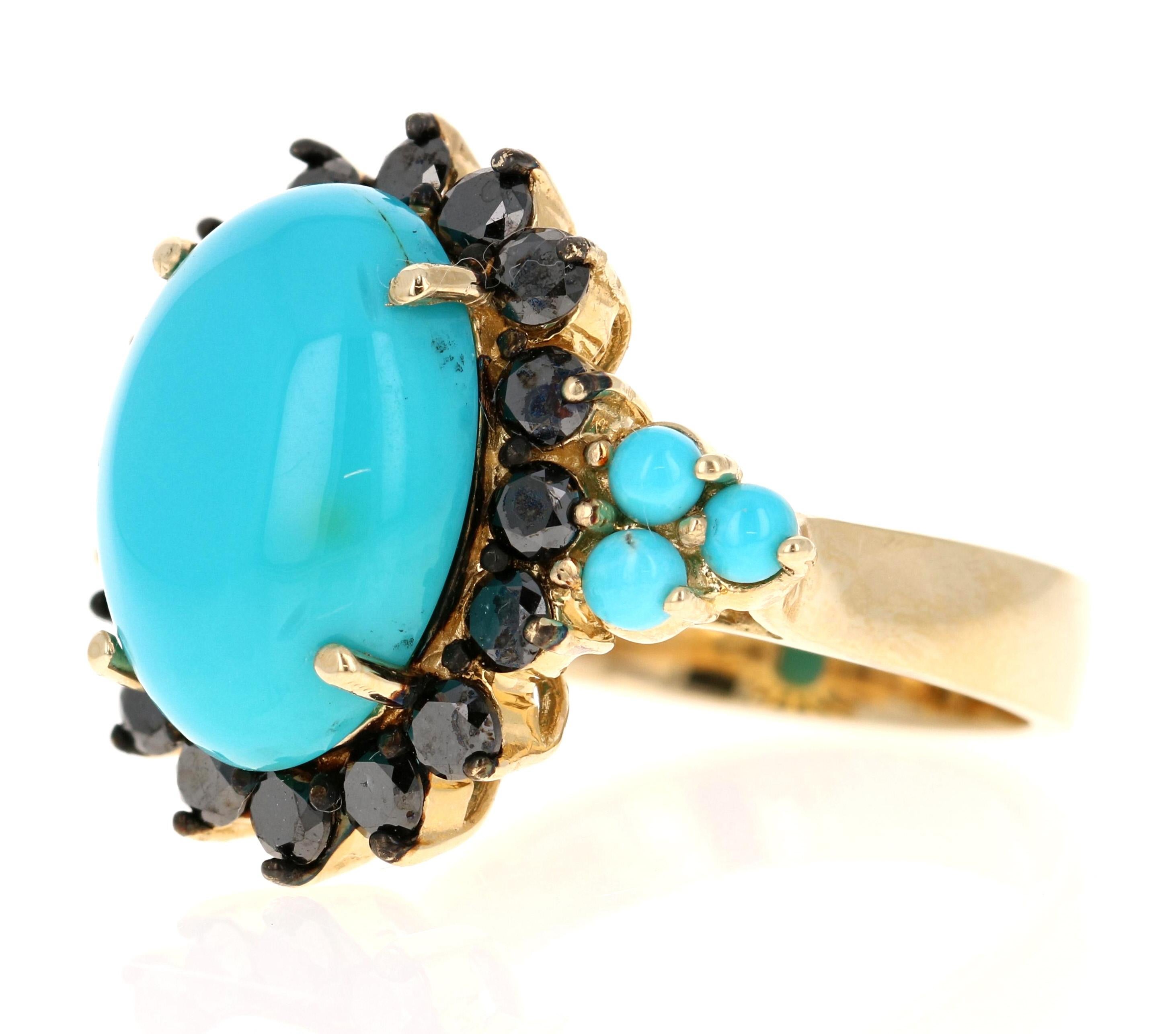 Art Deco 9.03 Carat Turquoise Black Diamond Yellow Gold Cocktail Ring For Sale