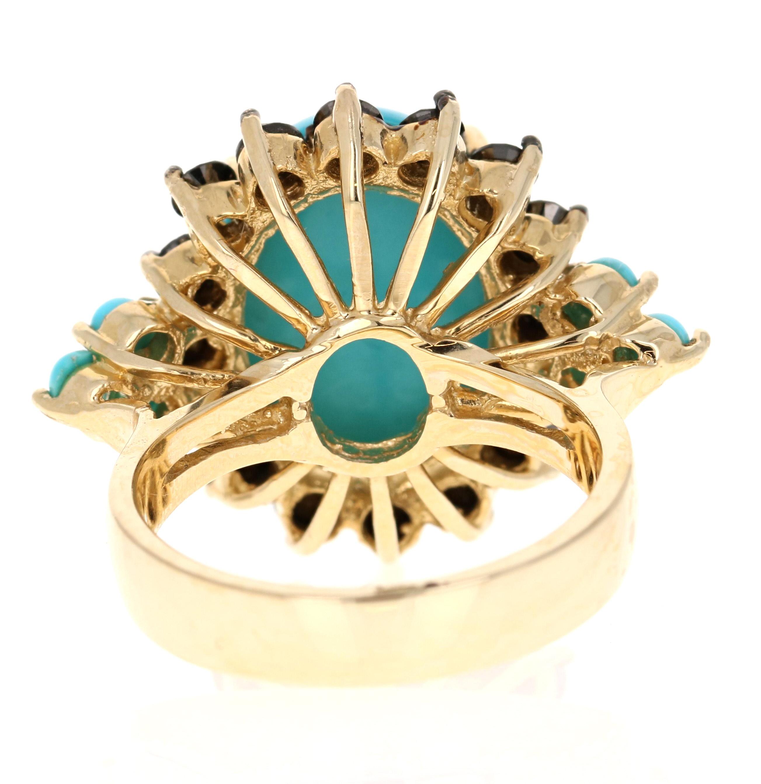 Oval Cut 9.03 Carat Turquoise Black Diamond Yellow Gold Cocktail Ring For Sale