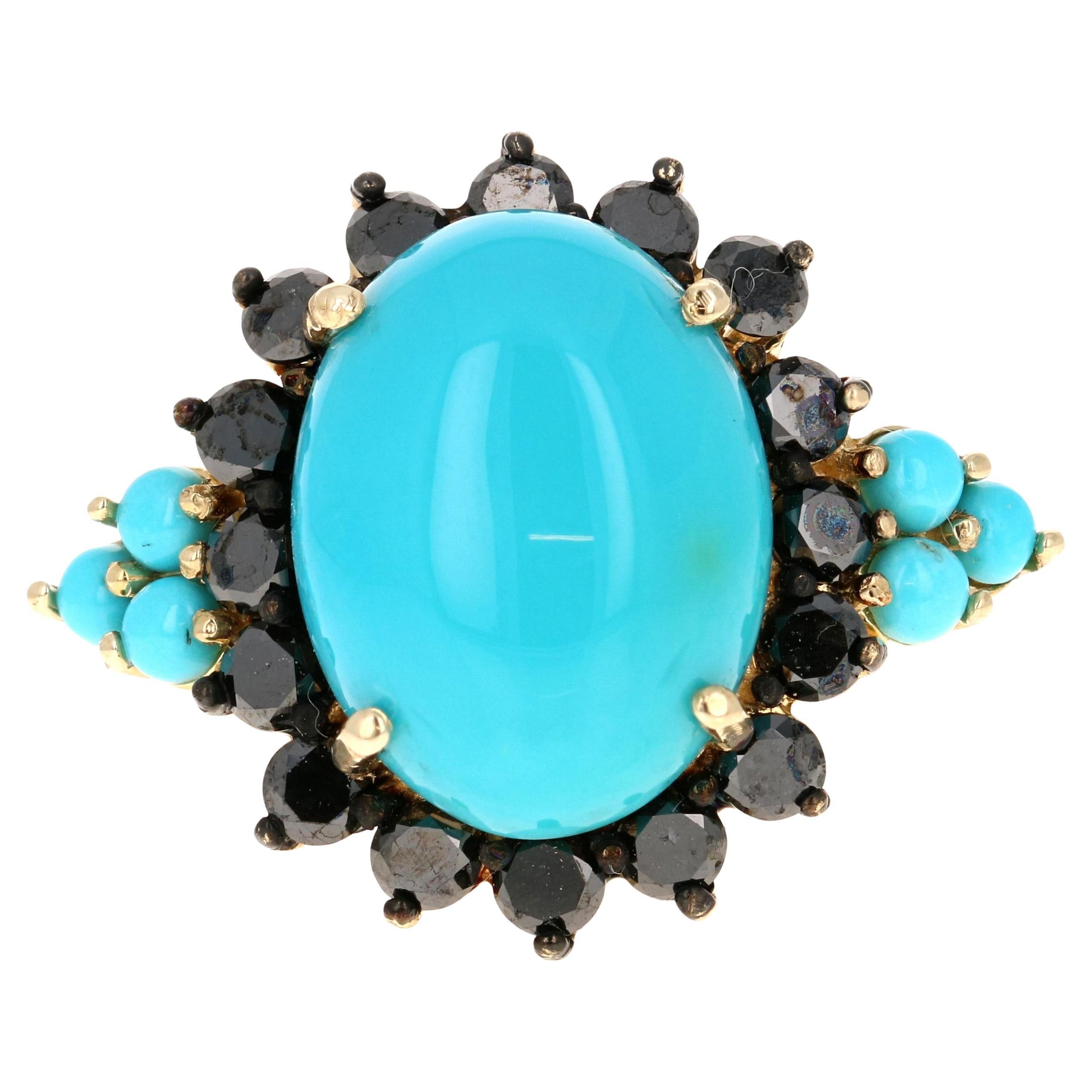9.03 Carat Turquoise Black Diamond Yellow Gold Cocktail Ring