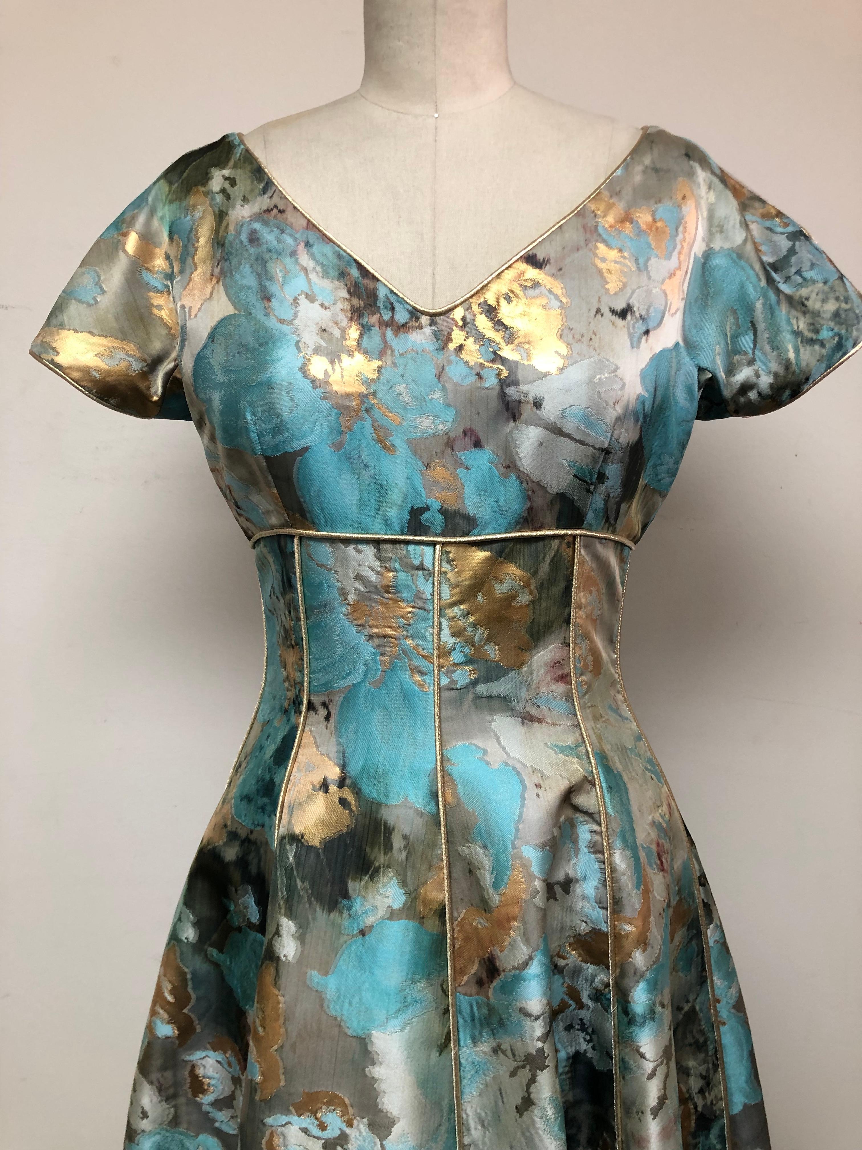 Turquoise Black Gold Abstract Floral Taffeta Fit and Flare Dress Piped in Gold  In Excellent Condition For Sale In Los Angeles, CA