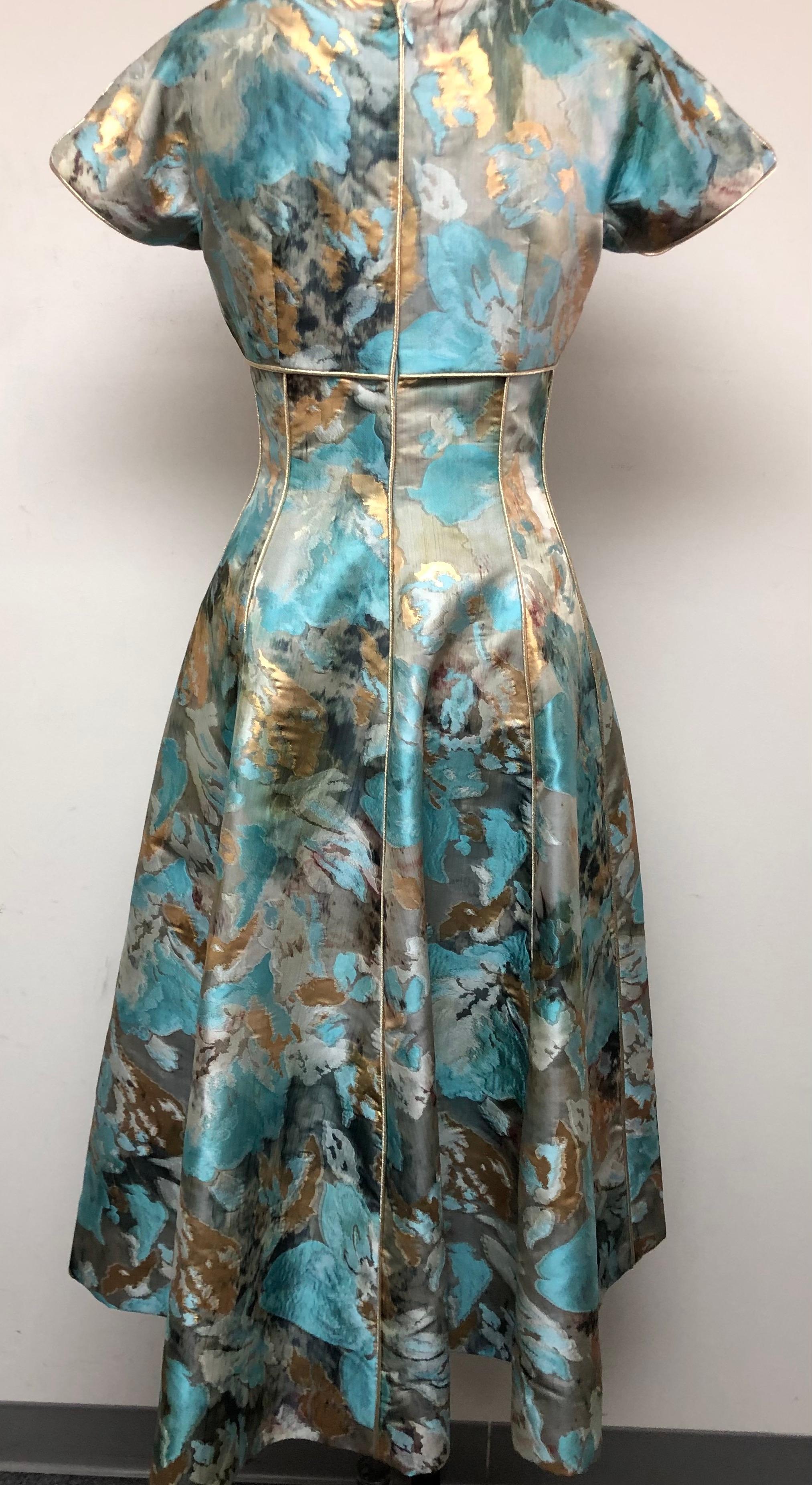Turquoise Black Gold Abstract Floral Taffeta Fit and Flare Dress Piped in Gold  For Sale 2