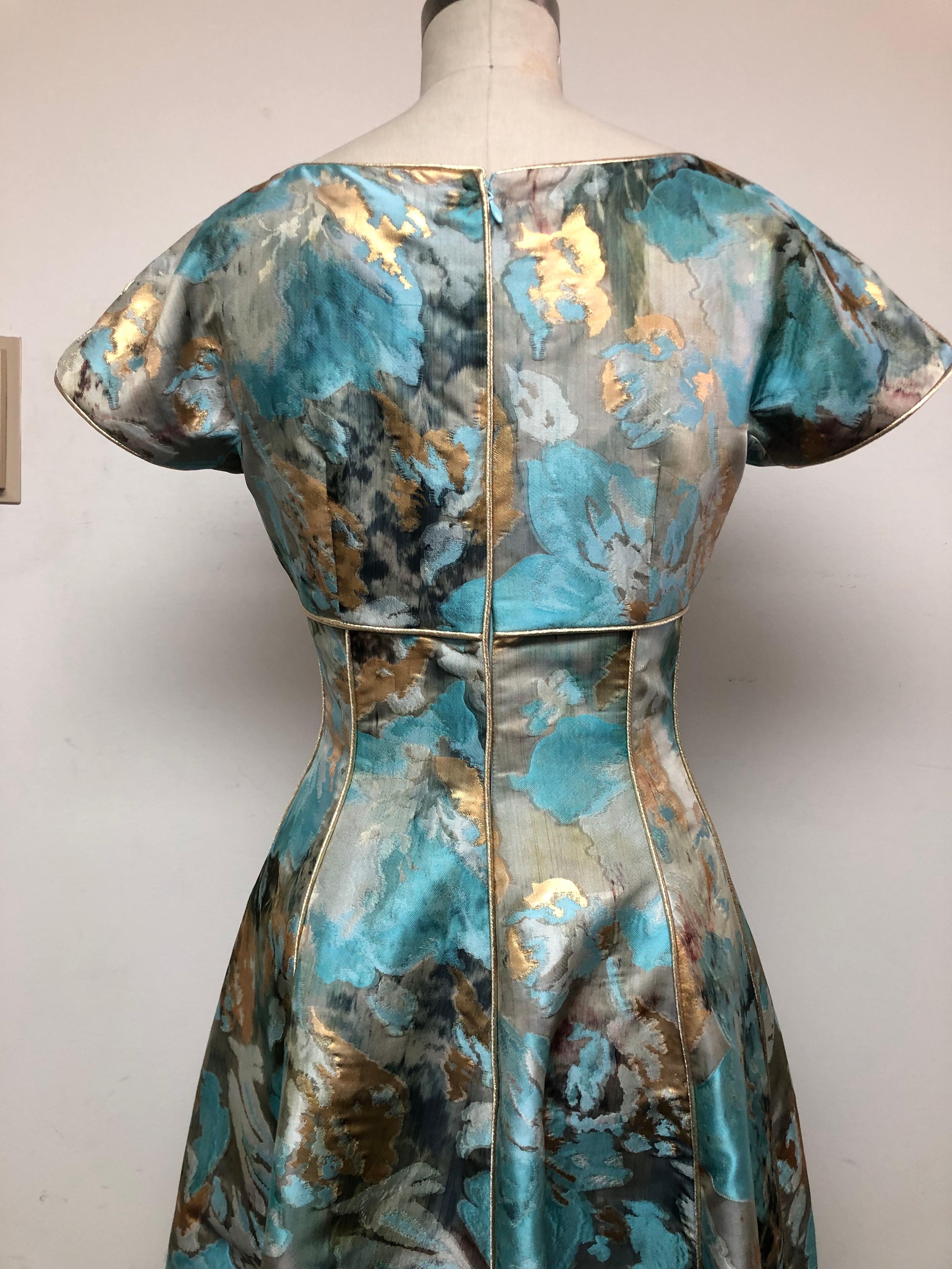 Turquoise Black Gold Abstract Floral Taffeta Fit and Flare Dress Piped in Gold  For Sale 3