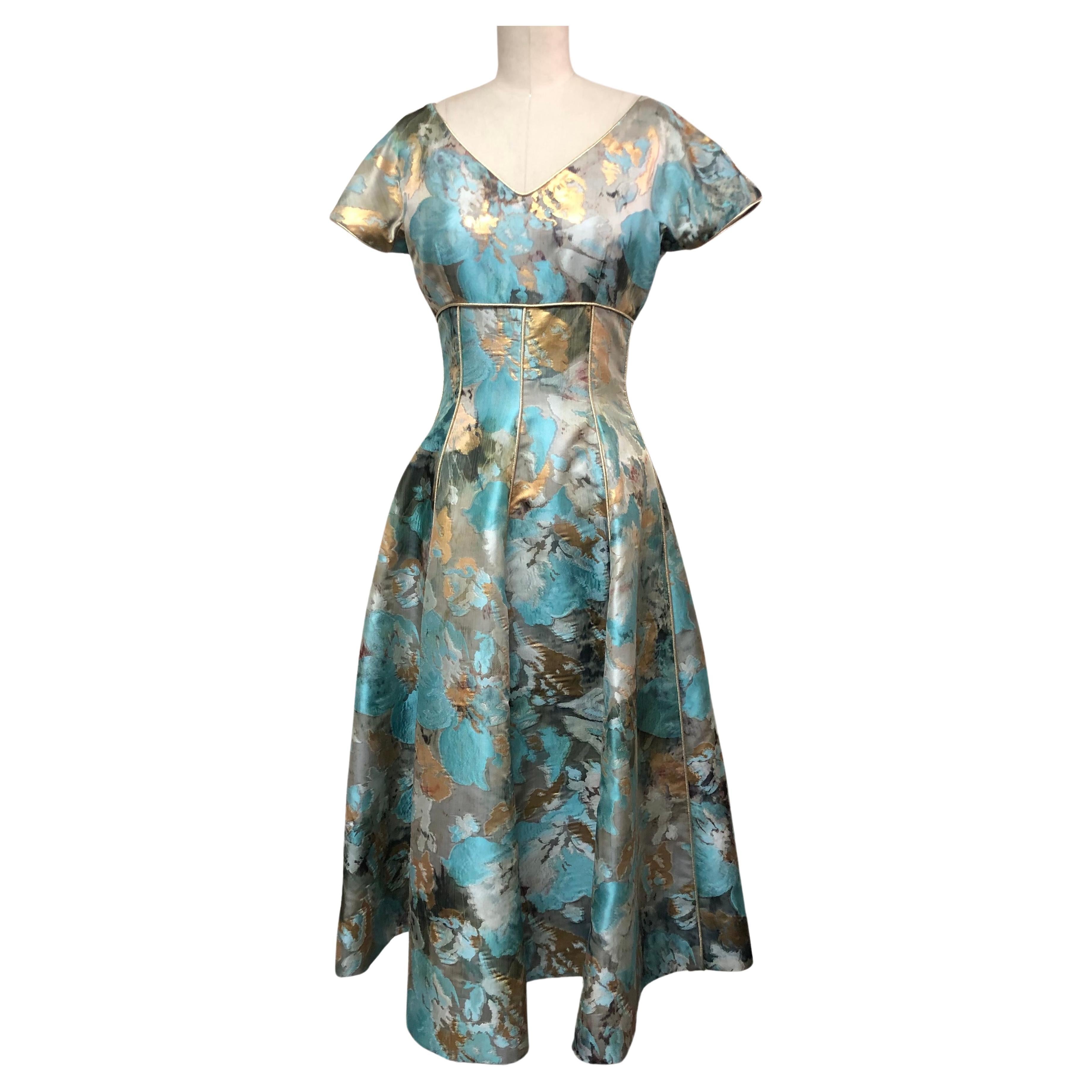 Turquoise Black Gold Abstract Floral Taffeta Fit and Flare Dress Piped in Gold  For Sale