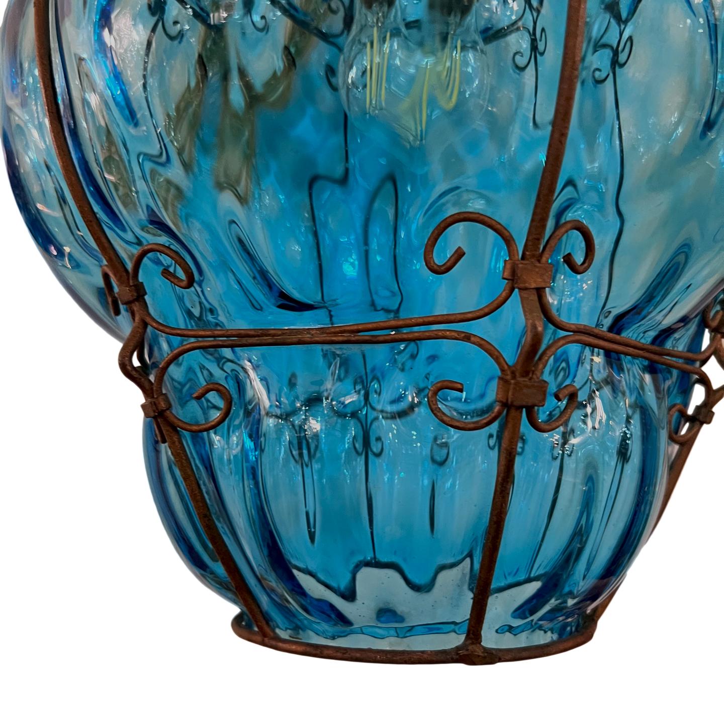 Italian Turquoise Blown Glass Murano Lantern For Sale
