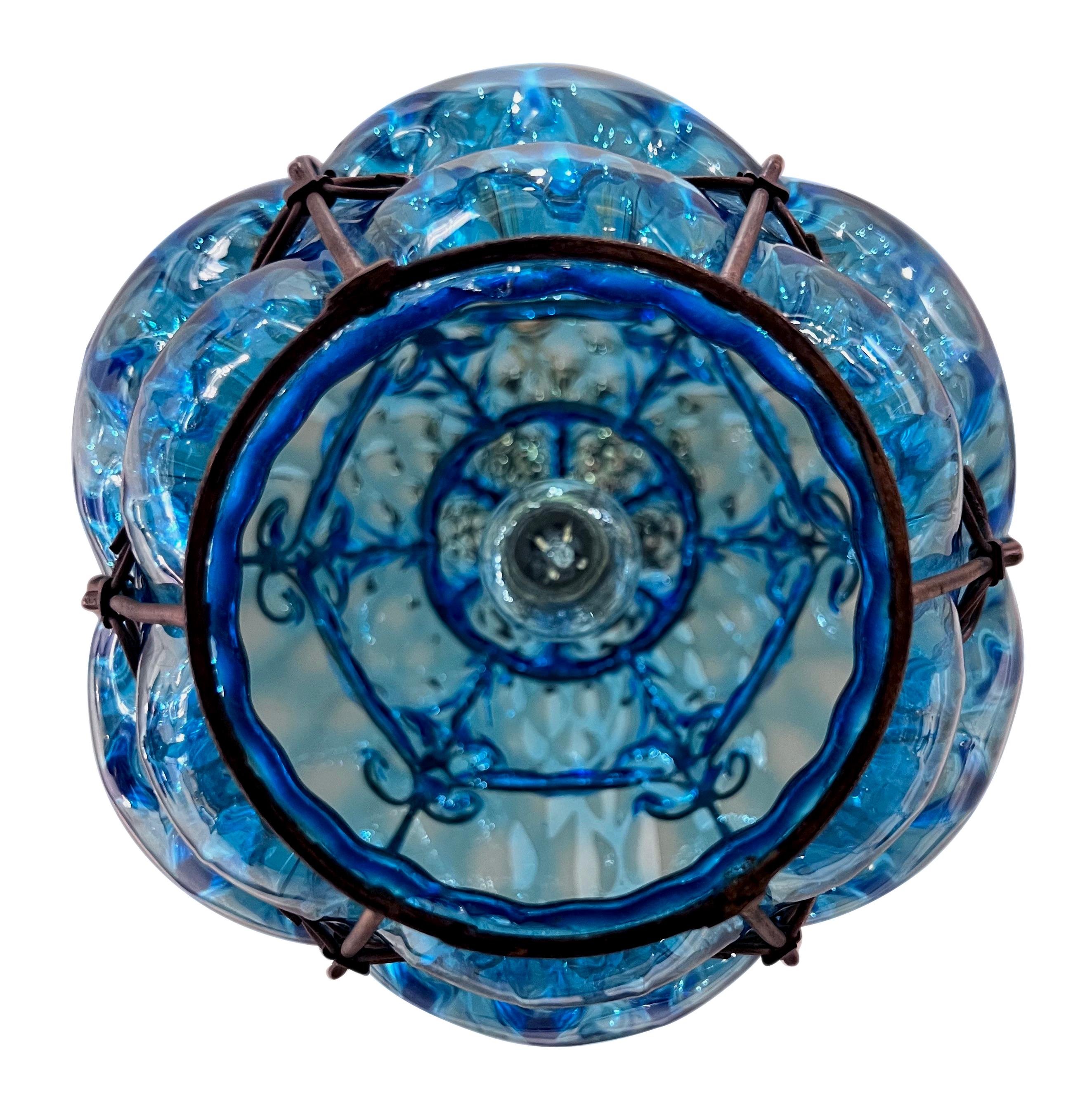 Turquoise Blown Glass Murano Lantern In Good Condition For Sale In New York, NY