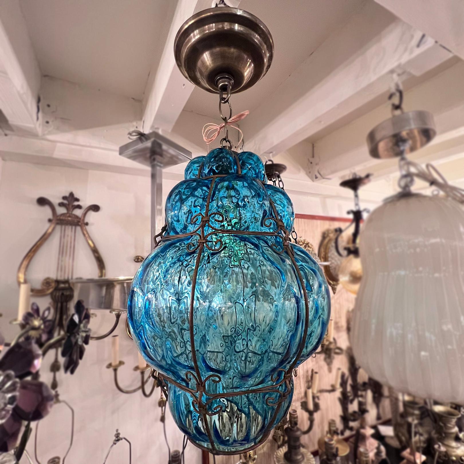 Mid-20th Century Turquoise Blown Glass Murano Lantern For Sale