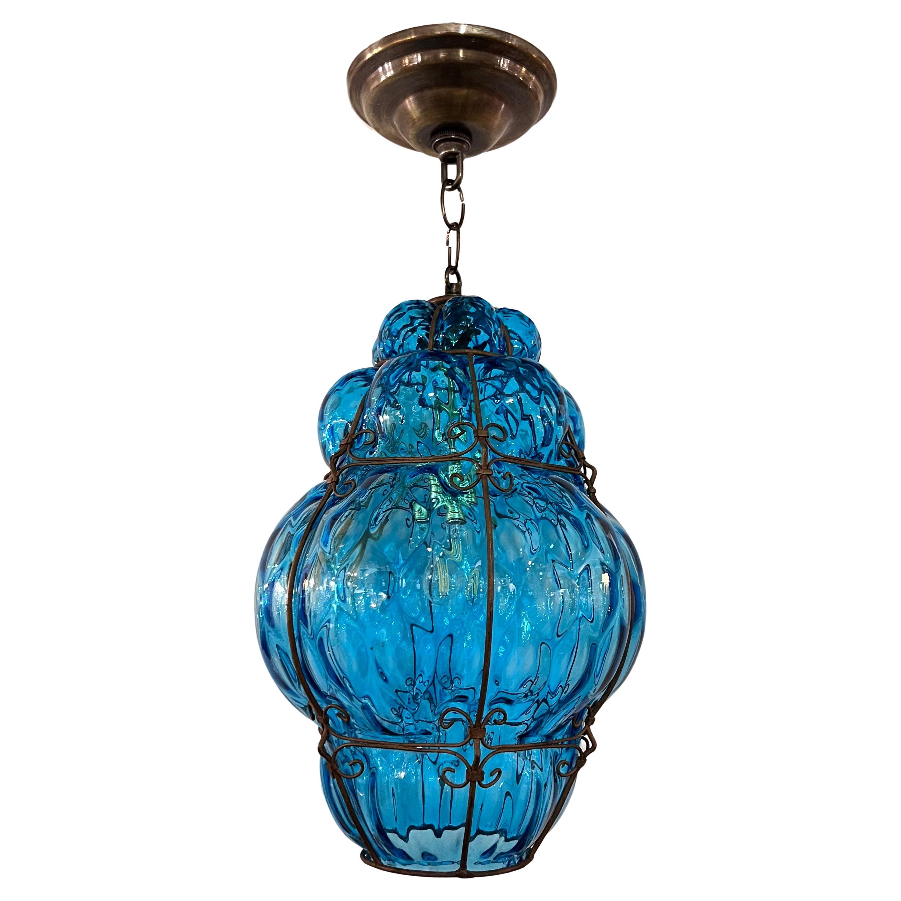 Turquoise Blown Glass Murano Lantern For Sale