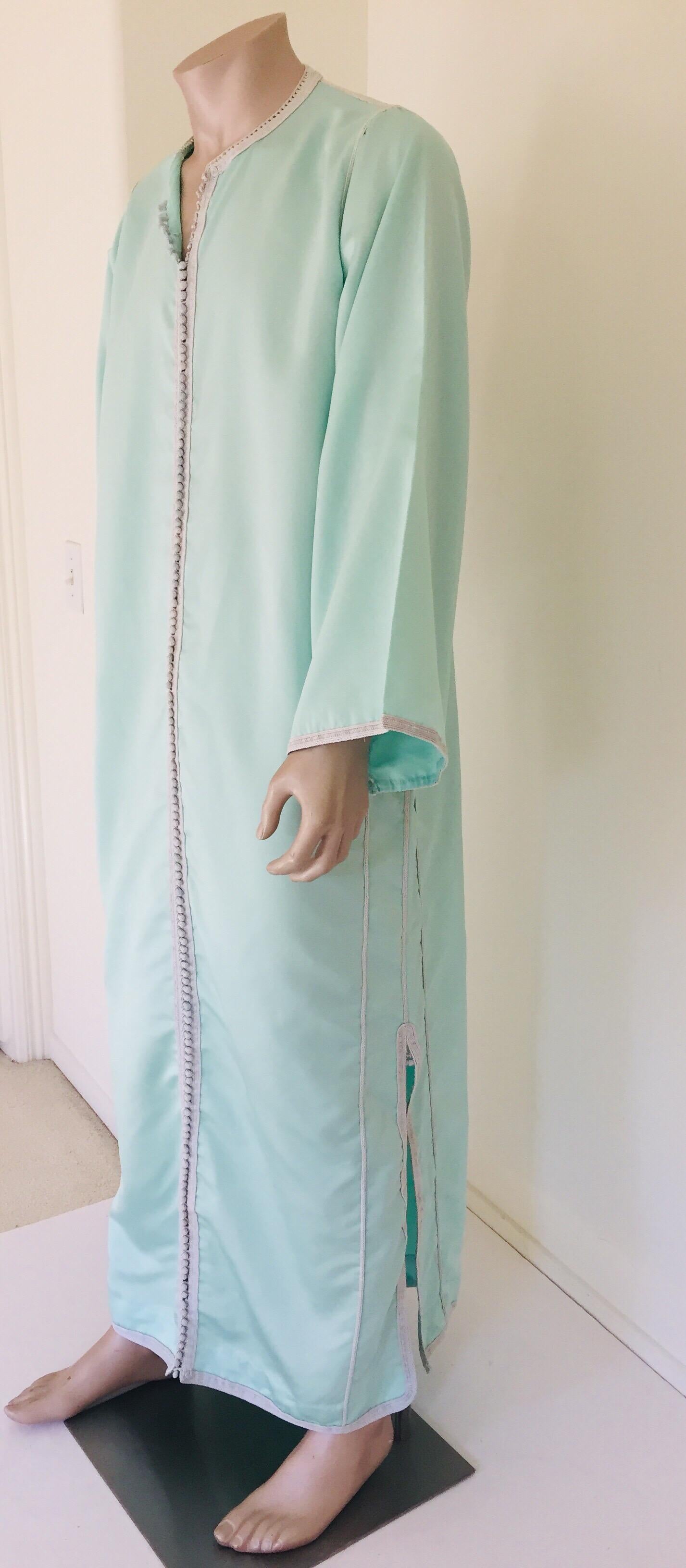 Hand-Knotted Moorish Turquoise Blue 1970s Maxi Dress Caftan For Sale