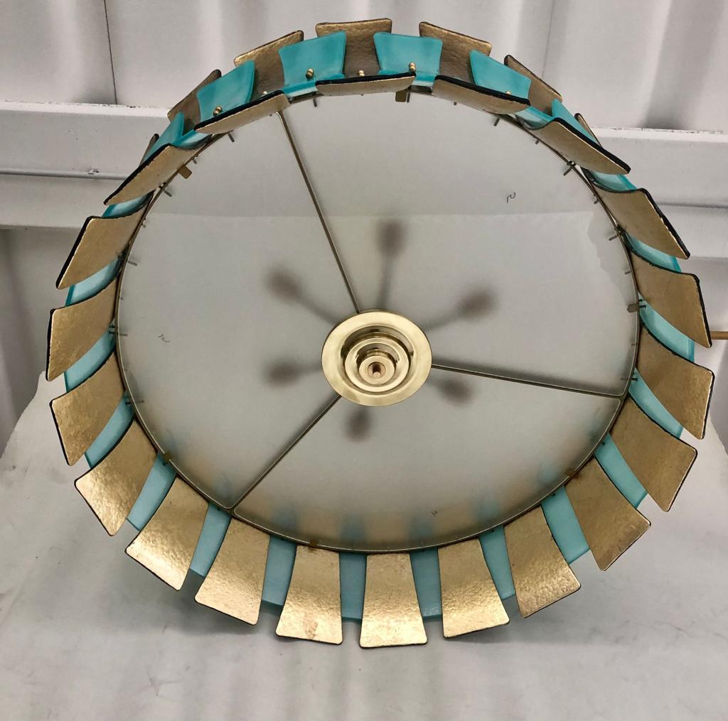 Mid-Century Modern Turquoise Blue and Gold Murano Glass Drum Chandelier