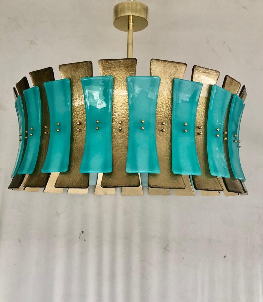 Italian Turquoise Blue and Gold Murano Glass Drum Chandelier