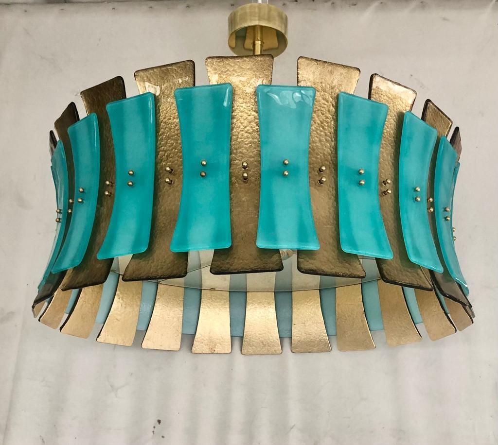 Turquoise Blue and Gold Murano Glass Drum Chandelier In Excellent Condition In Saint-Ouen, FR