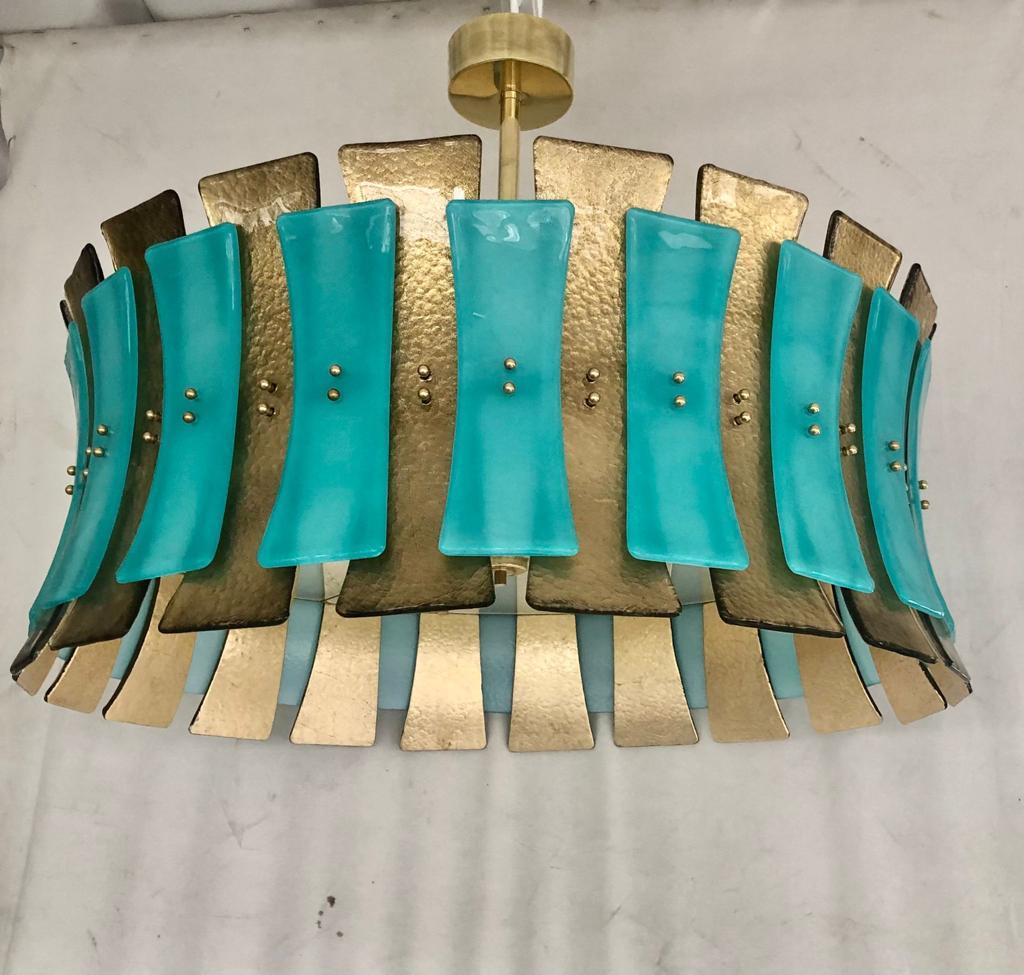 Contemporary Turquoise Blue and Gold Murano Glass Drum Chandelier