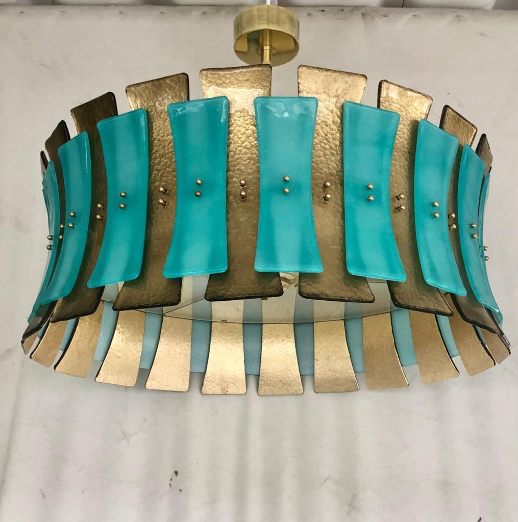 Turquoise Blue and Gold Murano Glass Drum Chandelier 1