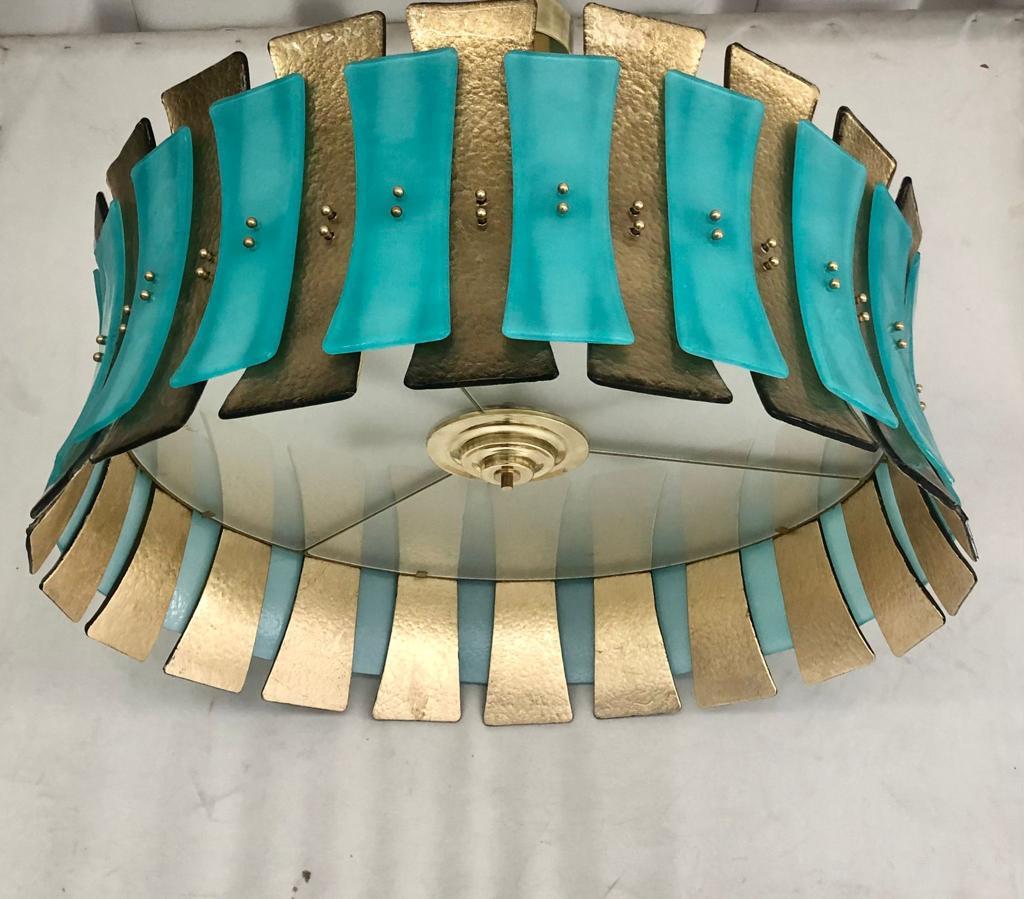 Turquoise Blue and Gold Murano Glass Drum Chandelier 2