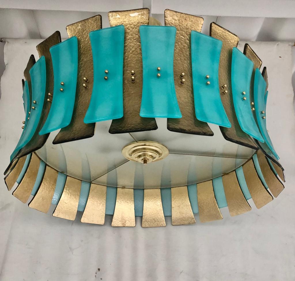 Turquoise Blue and Gold Murano Glass Drum Chandelier 3