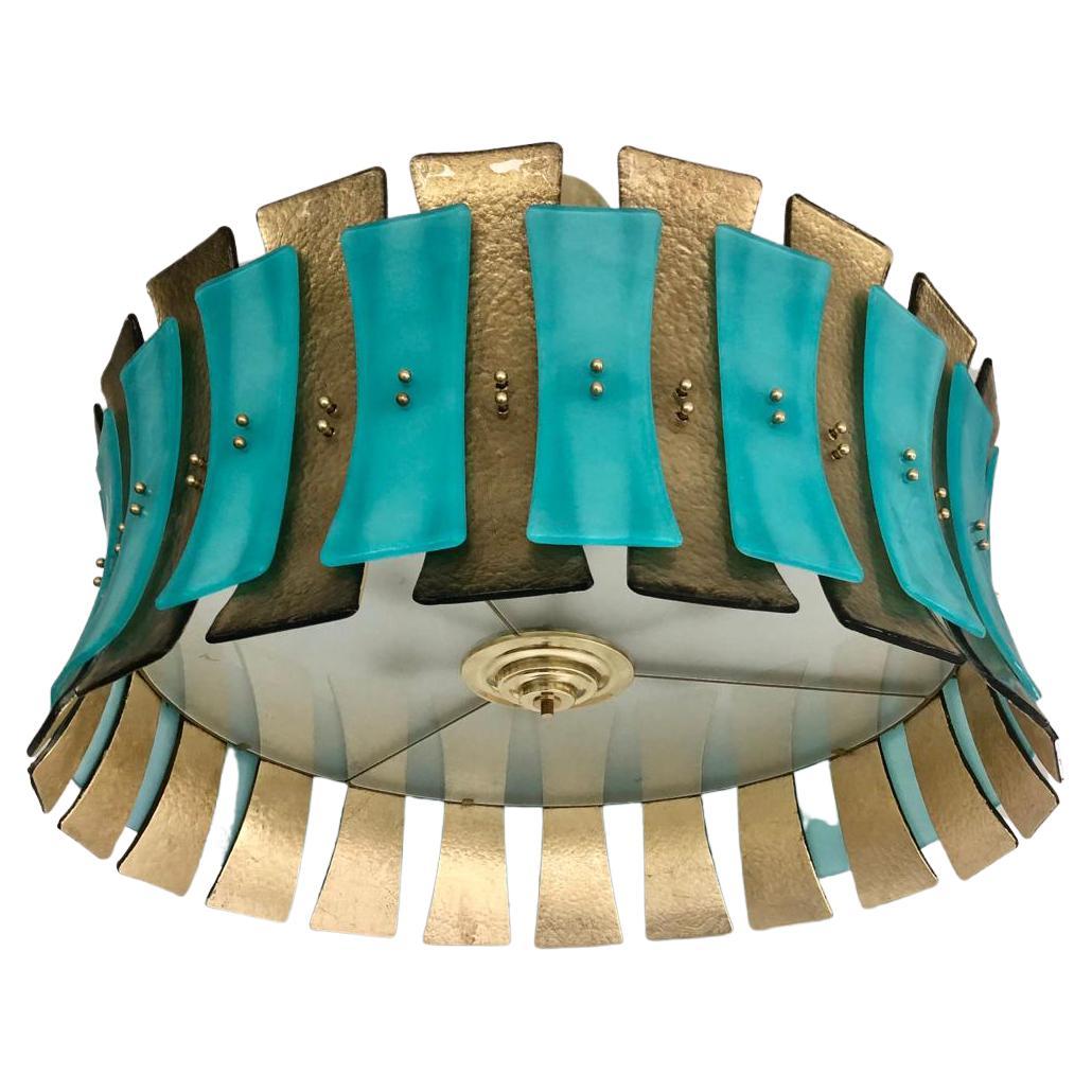 Turquoise Blue and Gold Murano Glass Drum Chandelier