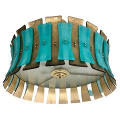 Turquoise Blue and Gold Murano Glass Drum Chandelier