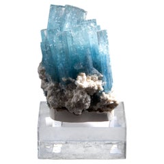 Cristalli di acquamarina blu-turchese su matrice di feldspato bianco