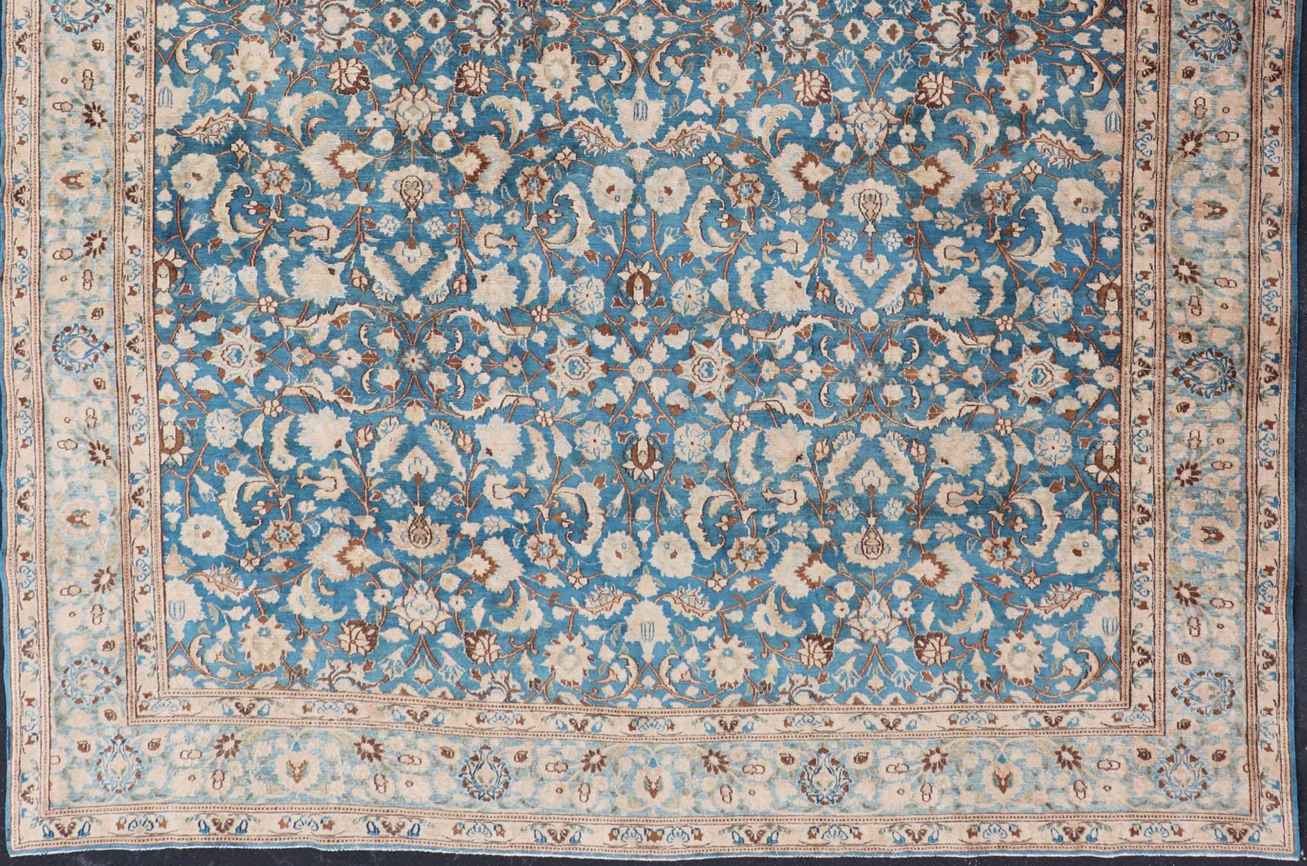 Hand-Knotted Turquoise Blue Background Antique Persian Khorassan Rug with Light Blue Border