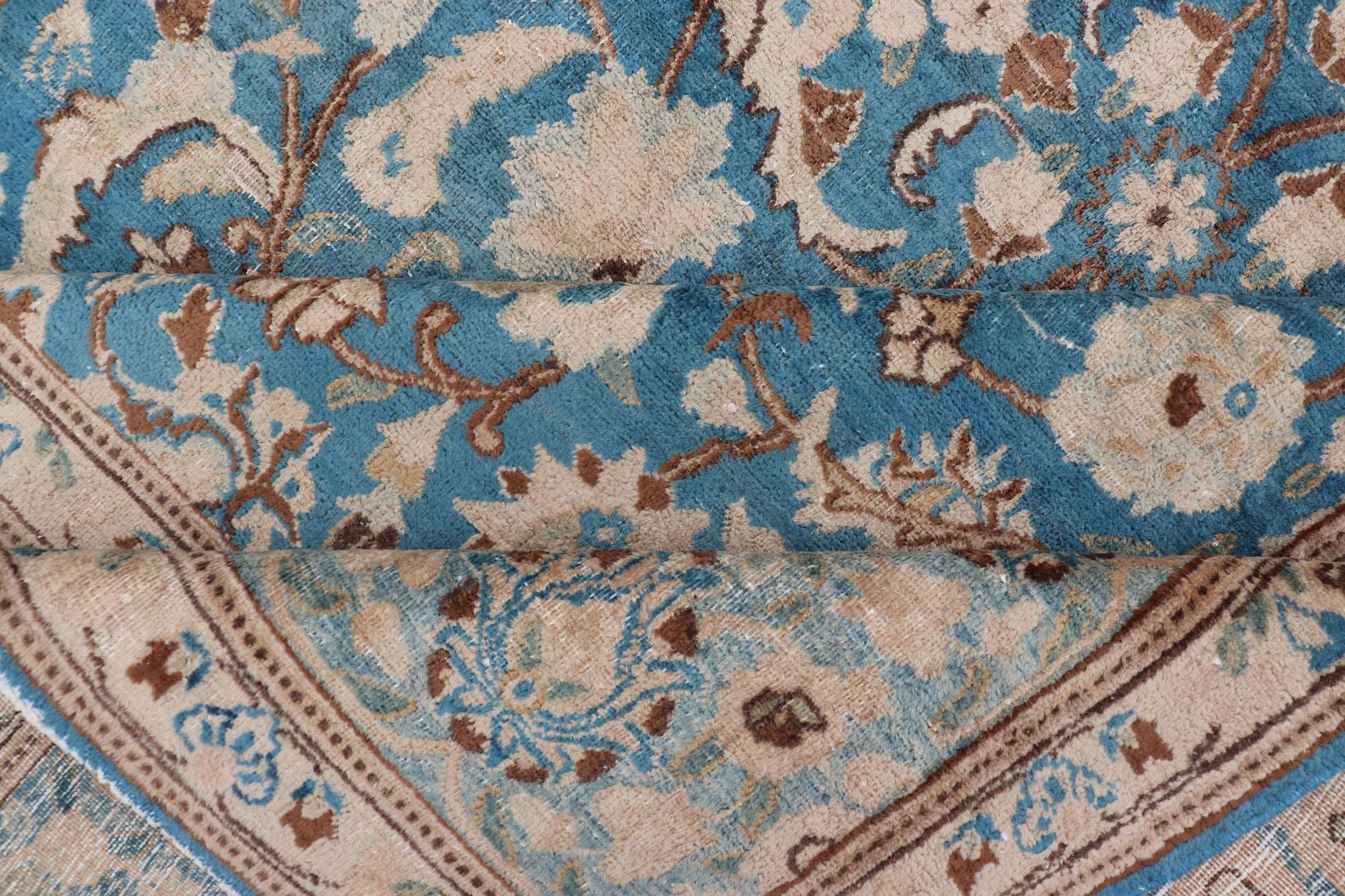 Wool Turquoise Blue Background Antique Persian Khorassan Rug with Light Blue Border