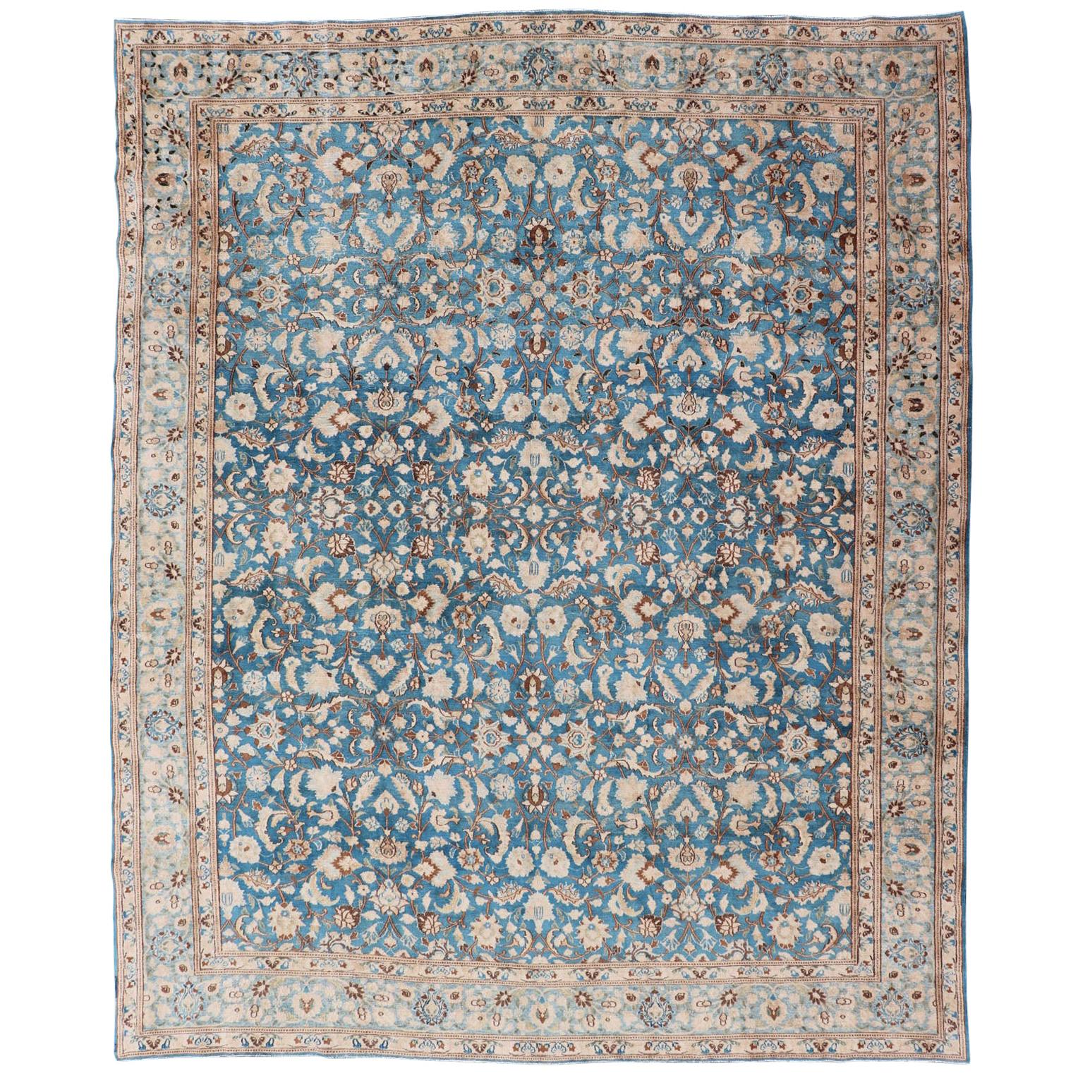 Turquoise Blue Background Antique Persian Khorassan Rug with Light Blue Border