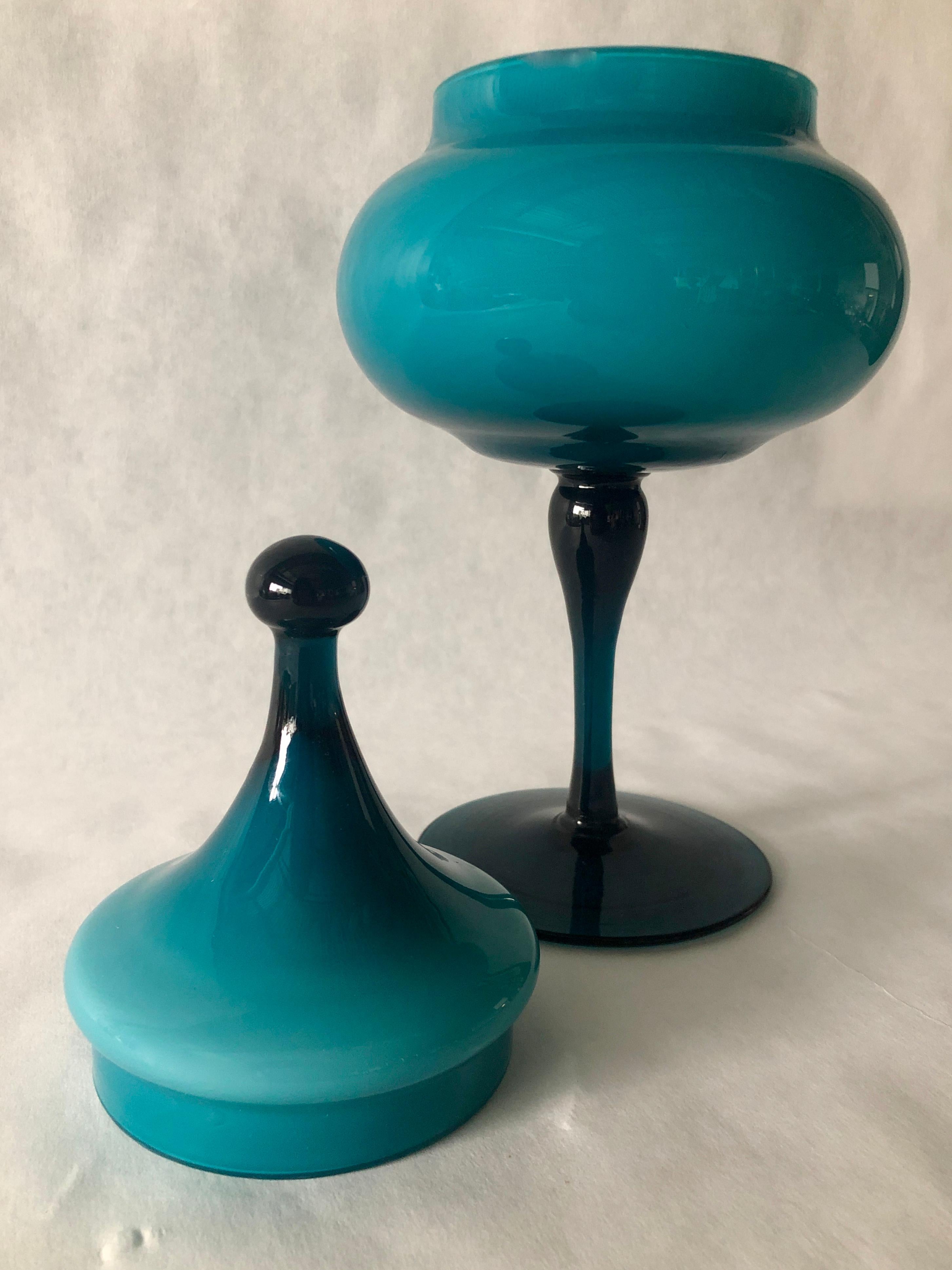 Turquoise Blue Blown Italian Murano Glass Stemmed Candy Dish with Matching Top 7