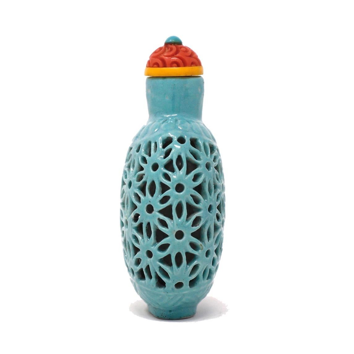 Qing Turquoise Blue Chinese Reticulated Soft Paste Porcelain Snuff Bottle, circa 1900