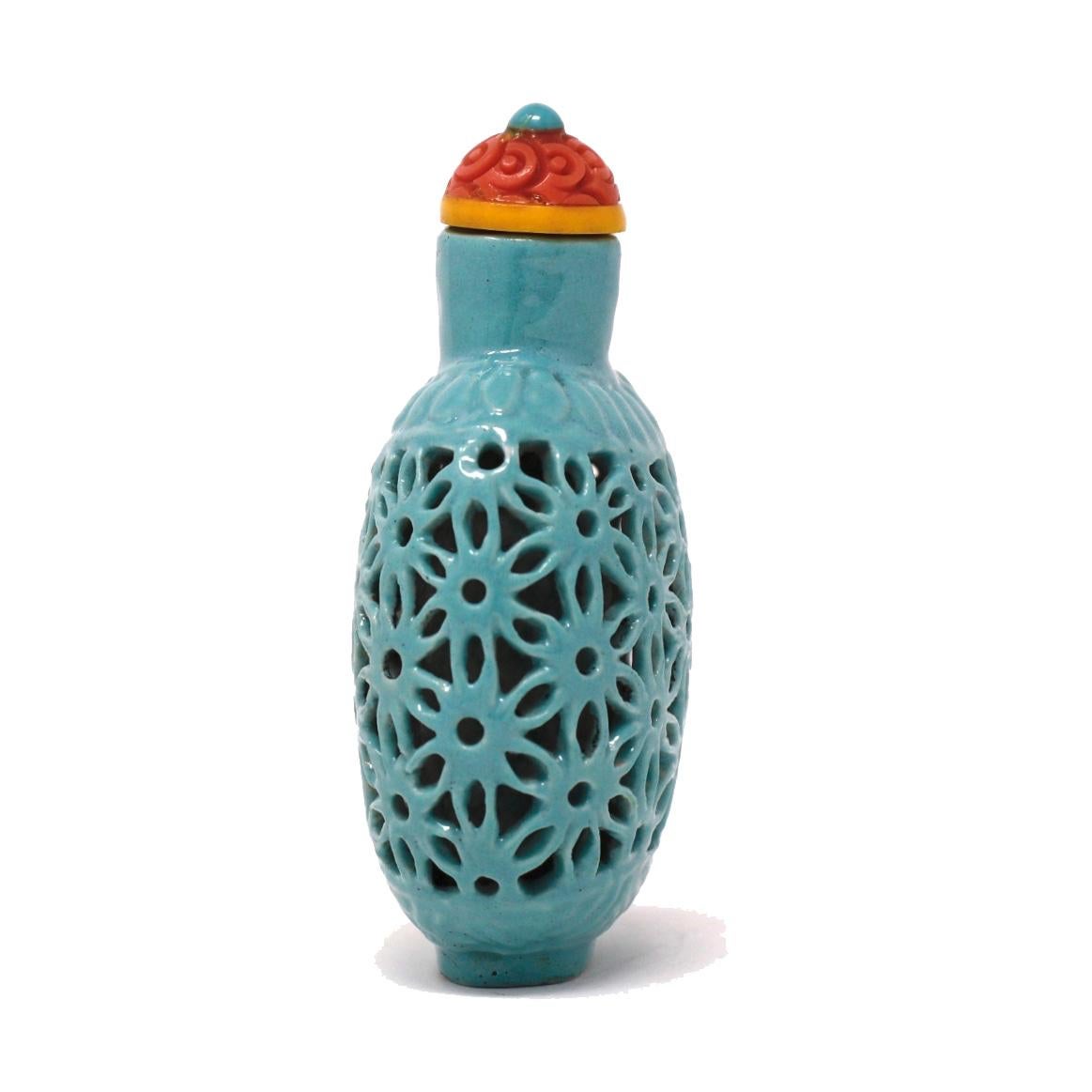 Ceramic Turquoise Blue Chinese Reticulated Soft Paste Porcelain Snuff Bottle, circa 1900