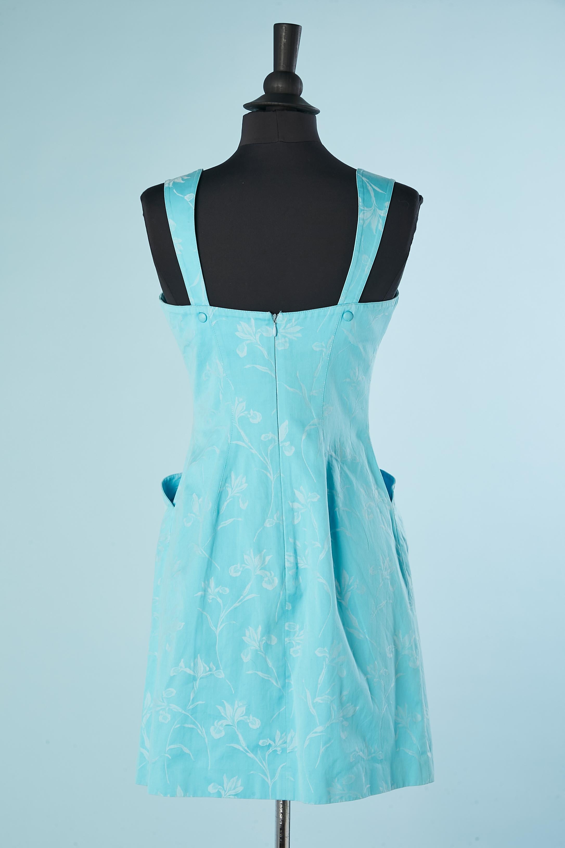 Women's Turquoise blue cotton dress with white flowers jacquard Mugler  For Sale