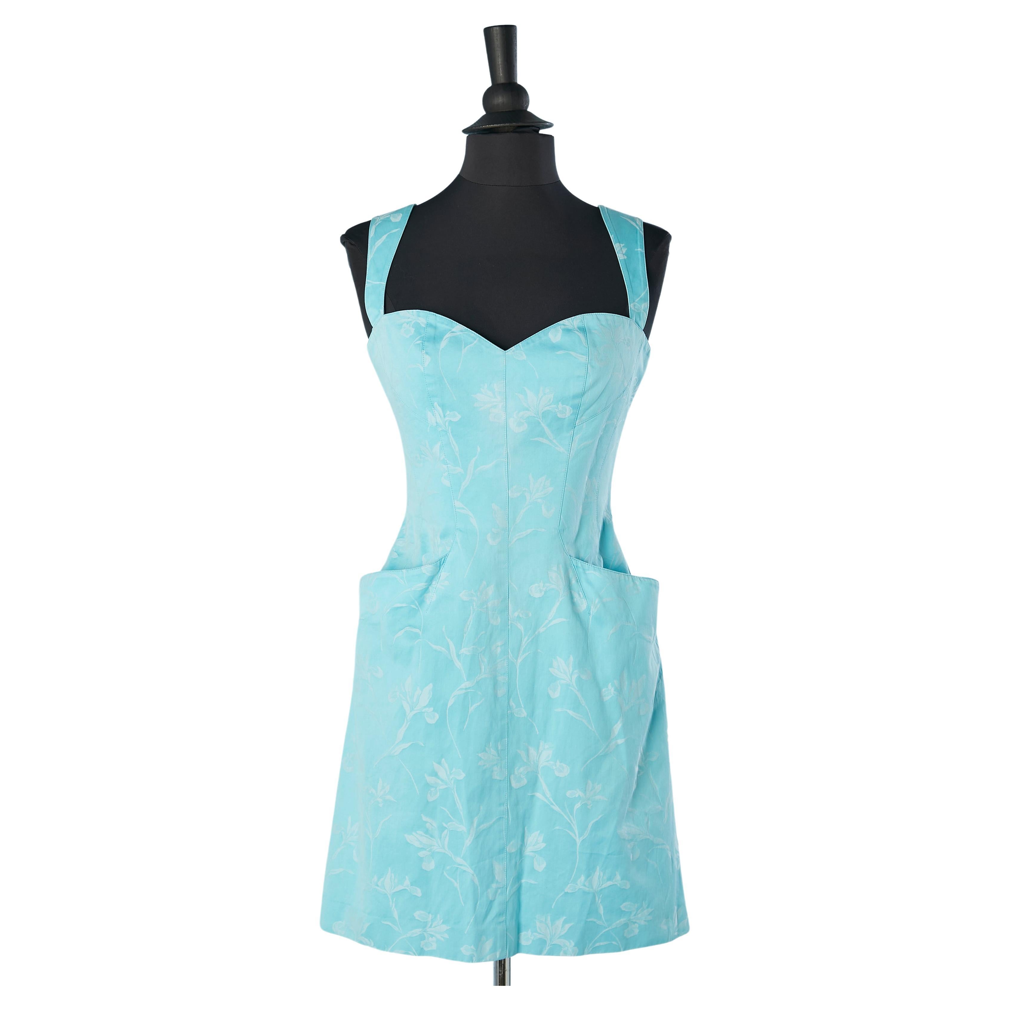 Turquoise blue cotton dress with white flowers jacquard Mugler  For Sale