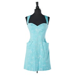 Retro Turquoise blue cotton dress with white flowers jacquard Mugler 