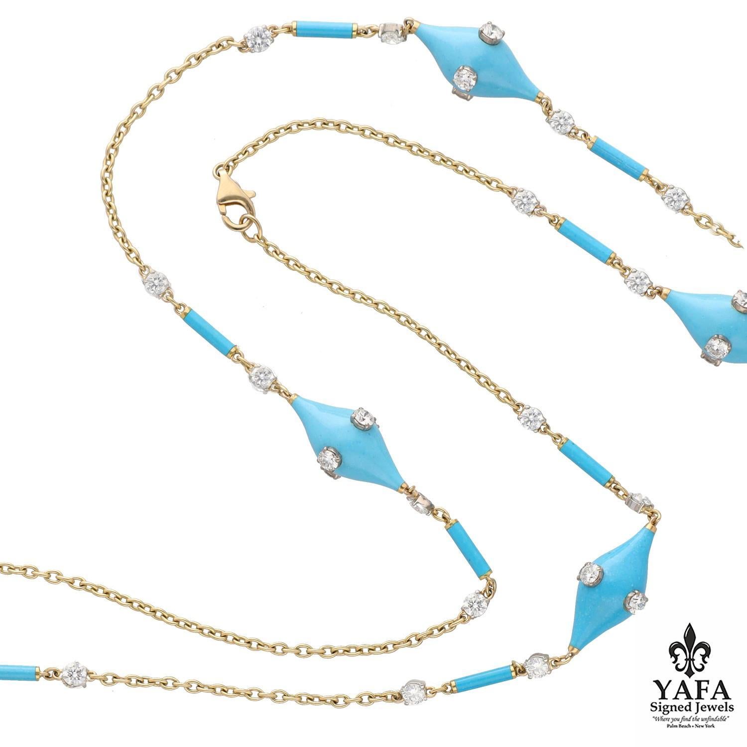 Taglio rotondo Collana a catena con turchese, smalto blu e diamanti - 33