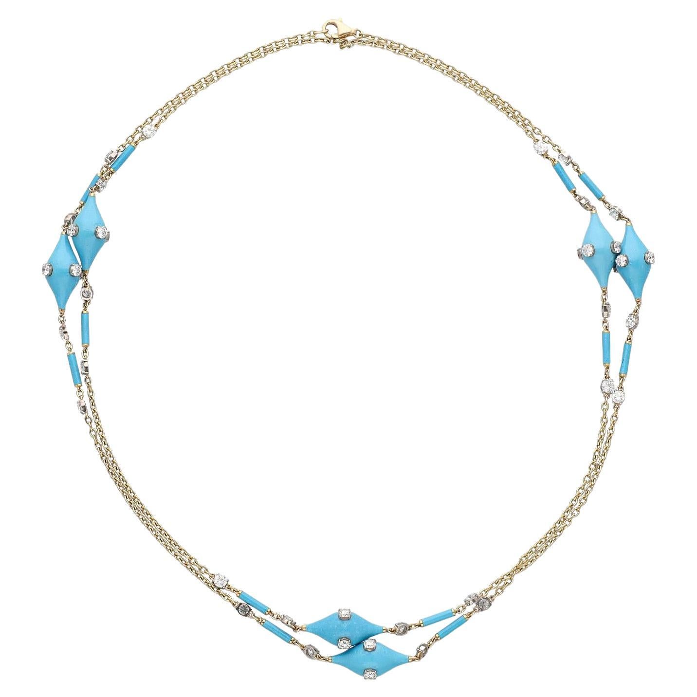 Collana a catena con turchese, smalto blu e diamanti - 33"
