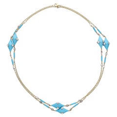 Collar de cadena de turquesa, esmalte azul y diamantes - 33