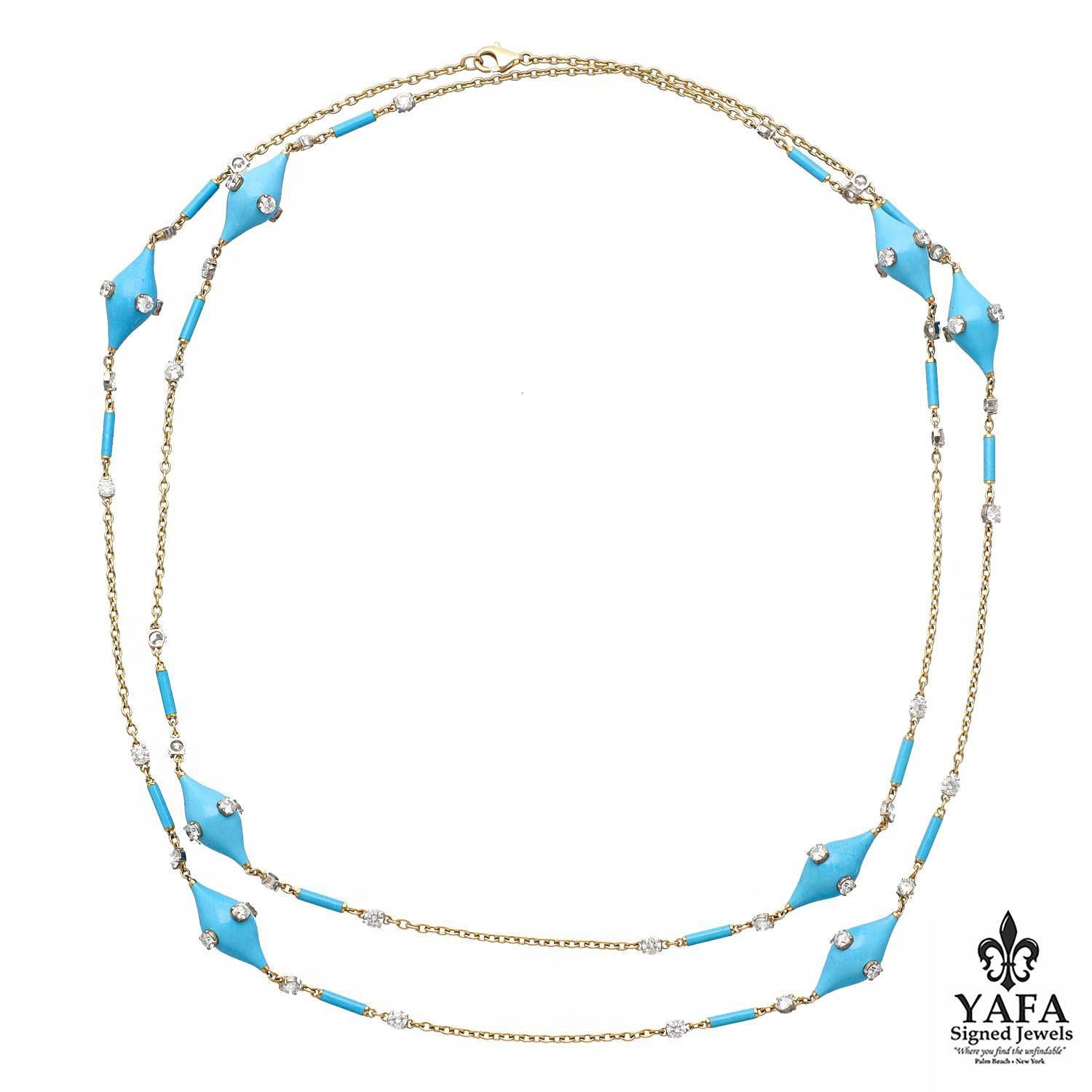 Taille ronde Collier à chaîne en turquoise, émail bleu et diamants - 37