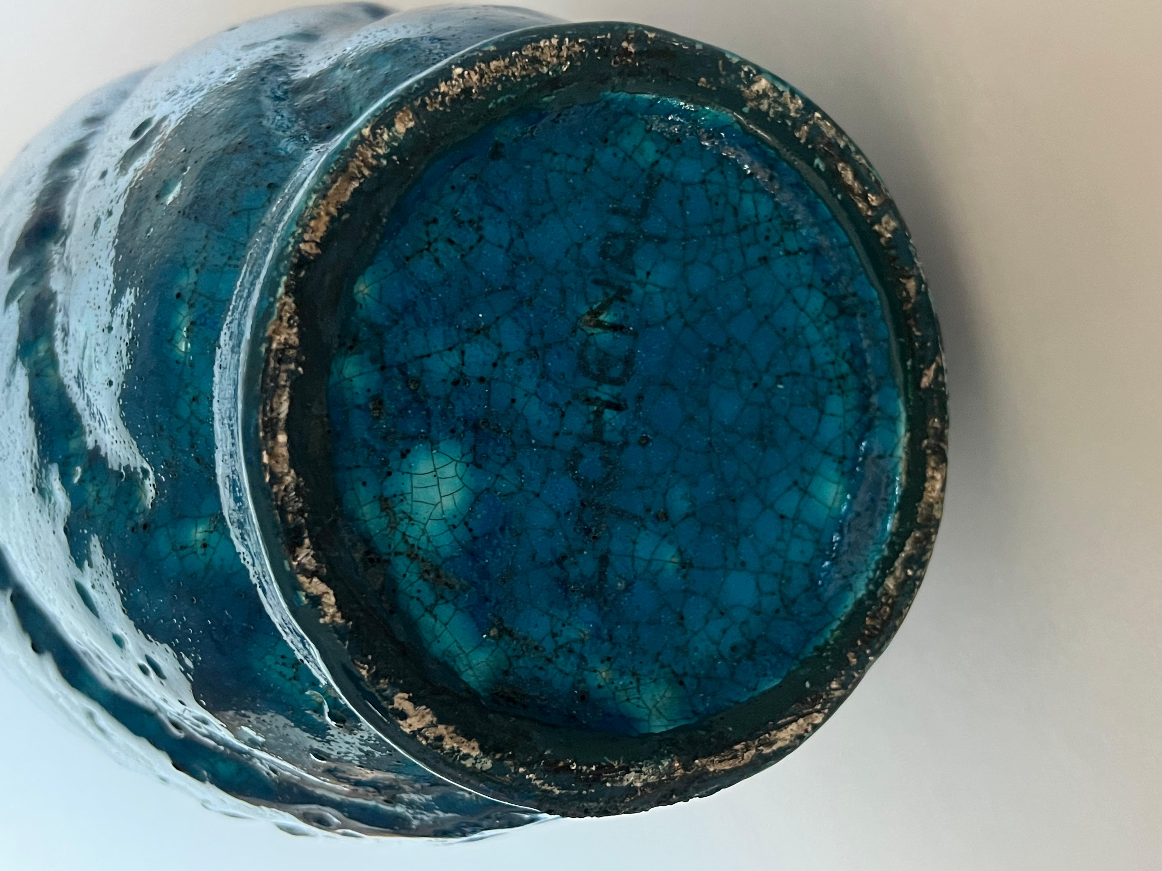 Rare Edmondl Lachenal spiral turquoise blue volcanic glazed ceramic vase signed on the bottom LACHENAL.