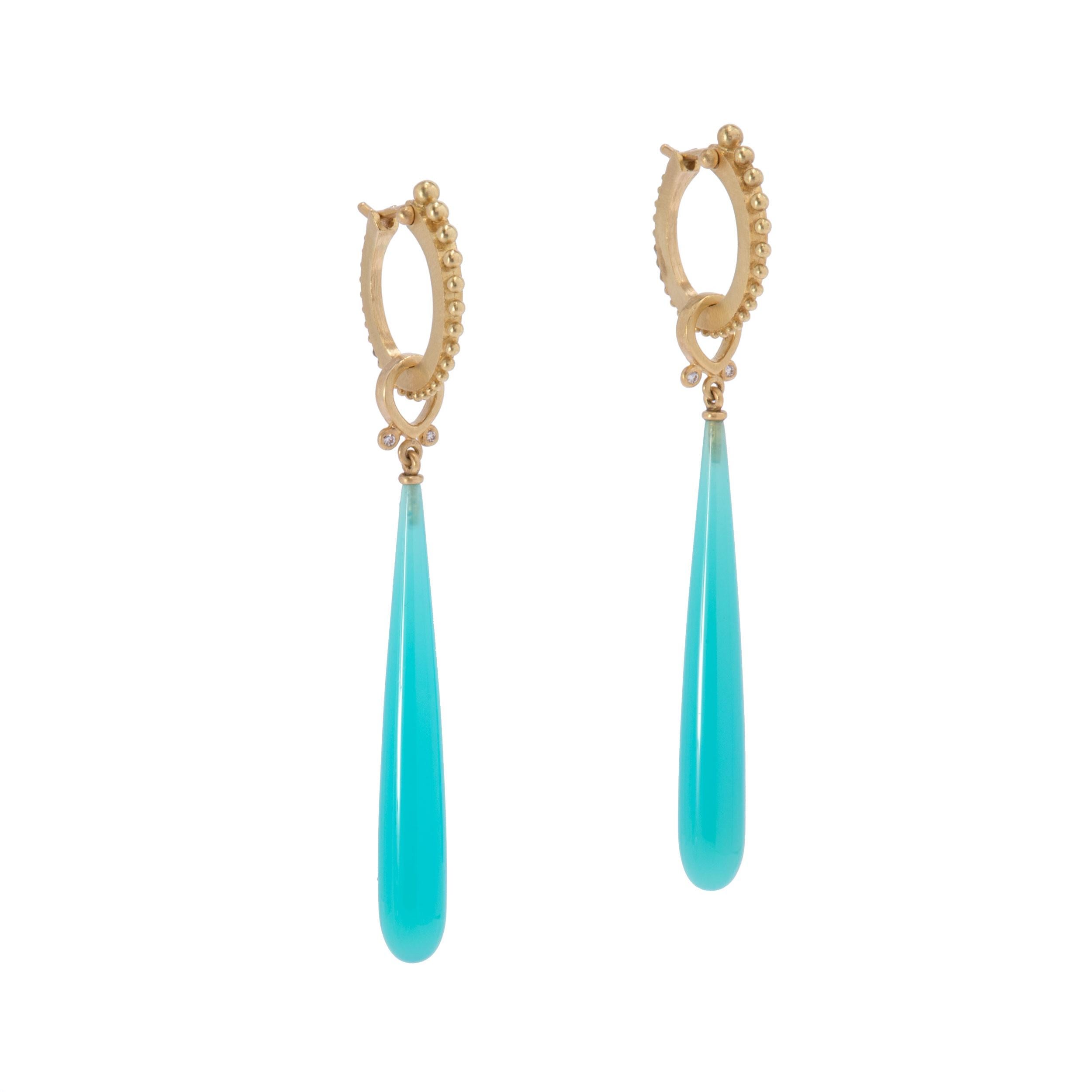 Contemporary Turquoise Blue Laguna Agate Wand Drop Earrings with Diamonds in 18 Karat Gold For Sale