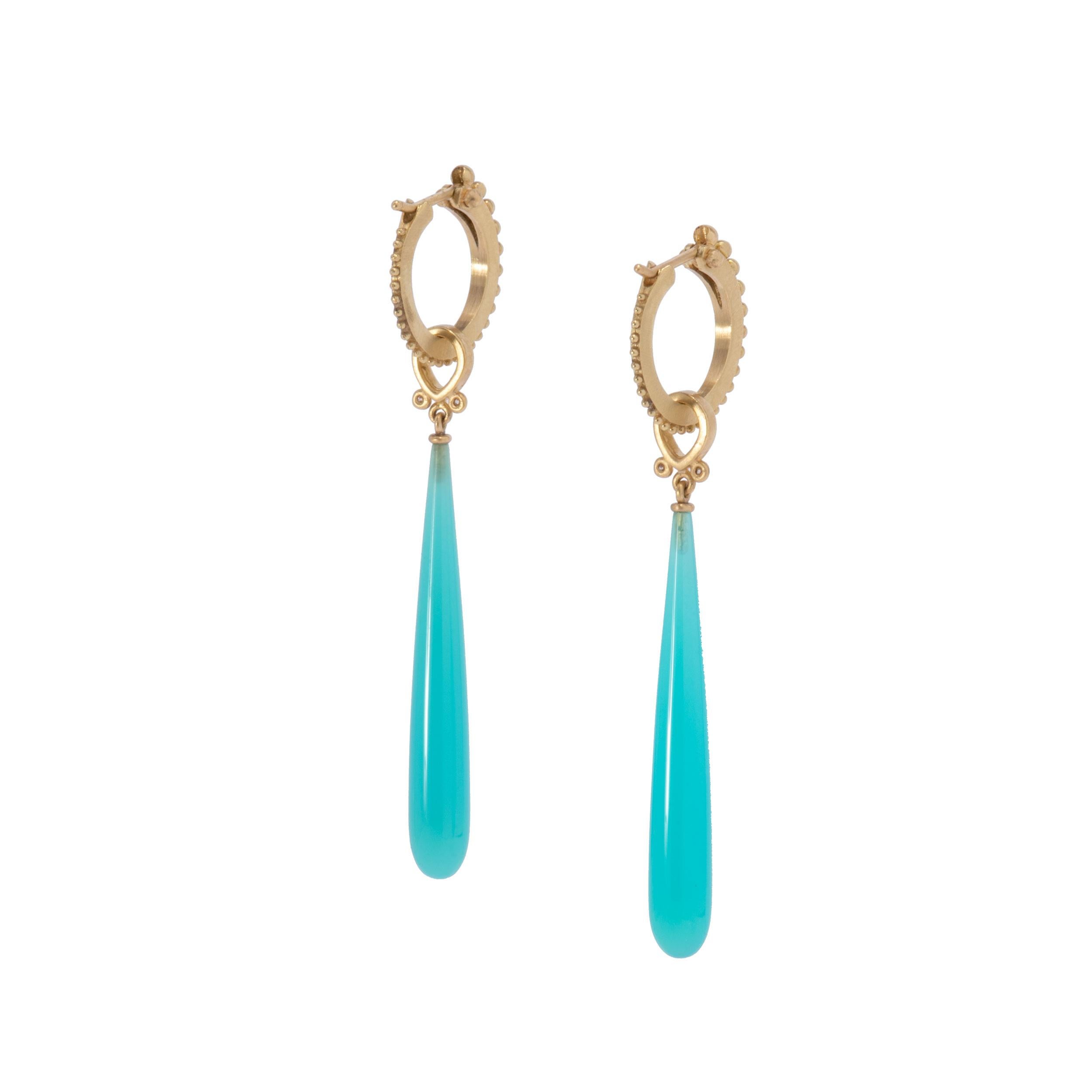 Women's or Men's Turquoise Blue Laguna Agate Wand Drop Earrings with Diamonds in 18 Karat Gold For Sale