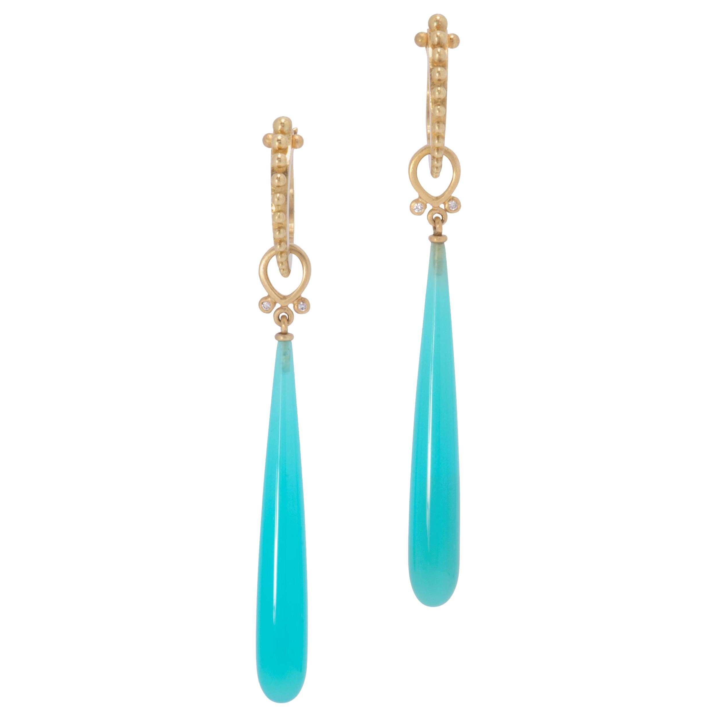 Turquoise Blue Laguna Agate Wand Drop Earrings with Diamonds in 18 Karat Gold For Sale
